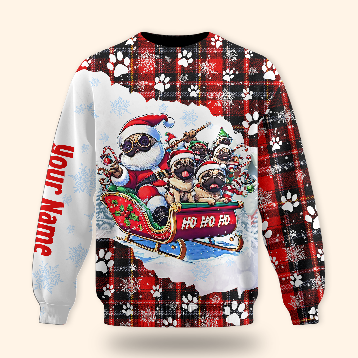 Christmas Pug Hoodie – Santa Sleigh Ride Plaid Hoodie – Custom Name Dog Lovers Gift, Custom Choo