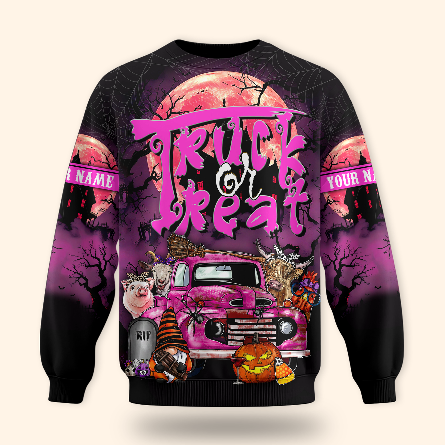 Trick or Treat Truck Hoodie – Halloween Farm Animals & Pumpkin Zip Up, Custom Name, Custom Choo