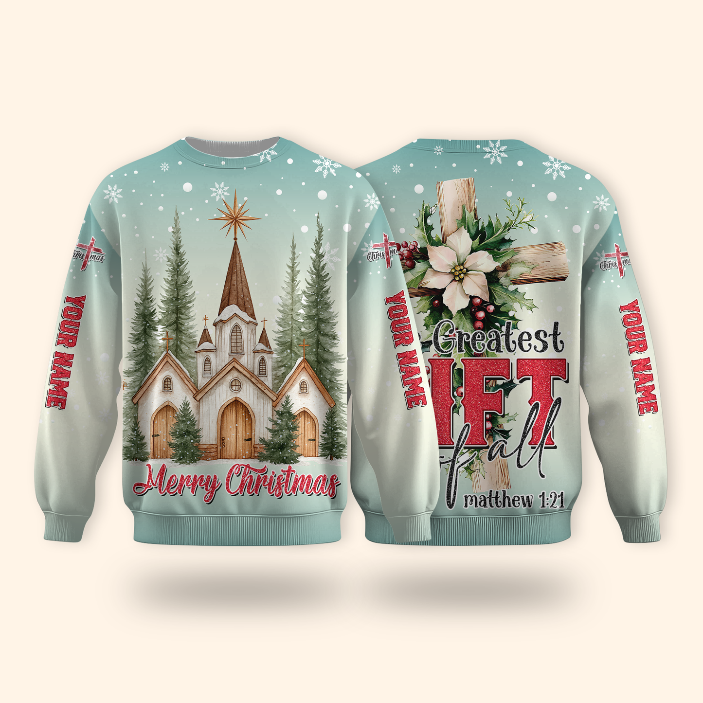 Christian Christmas Hoodie – The Greatest Gift of All Matthew 1:21, Personalized Faith Hoodie