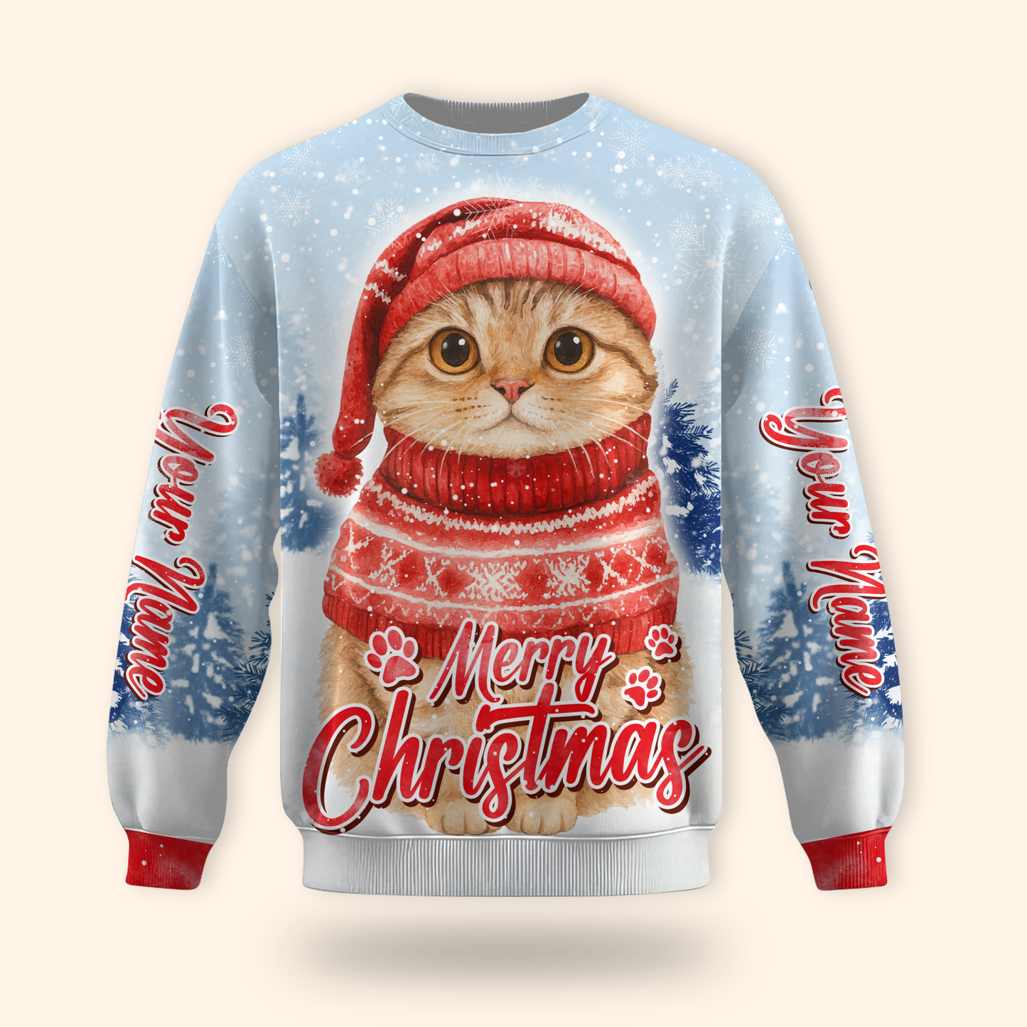 Cute Christmas Cat Hoodie – Merry Christmas Cat in Red Sweater, Personalized Name Gift