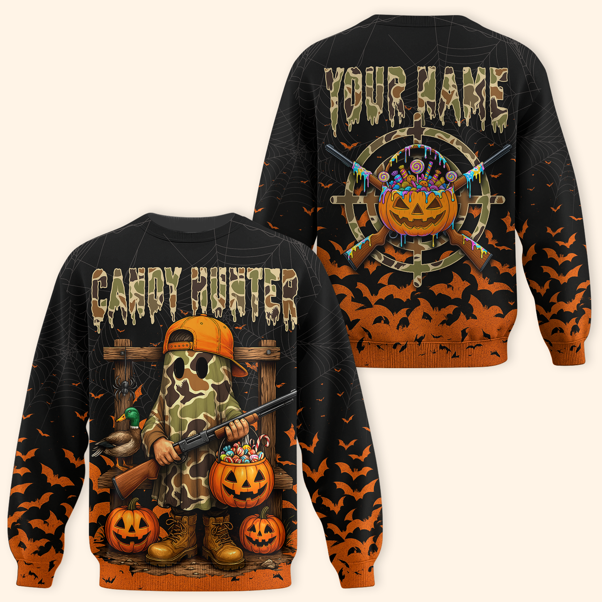 Candy Hunter Halloween Hoodie – Funny Ghost Hunter with Pumpkins & Candy, Custom Name, Custom Choo
