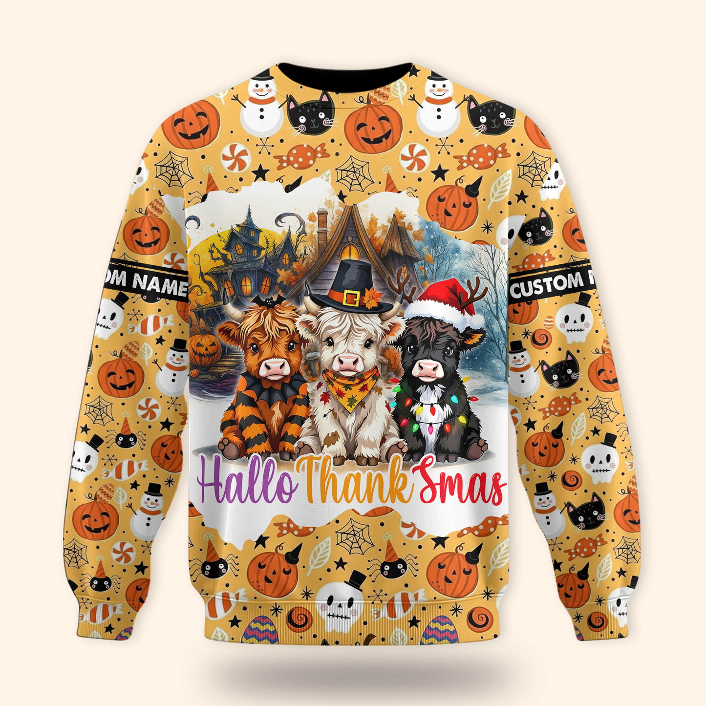 HalloThanksmas Hoodie – Funny Cow Family Halloween Thanksgiving Christmas Sweater, Custom Choo