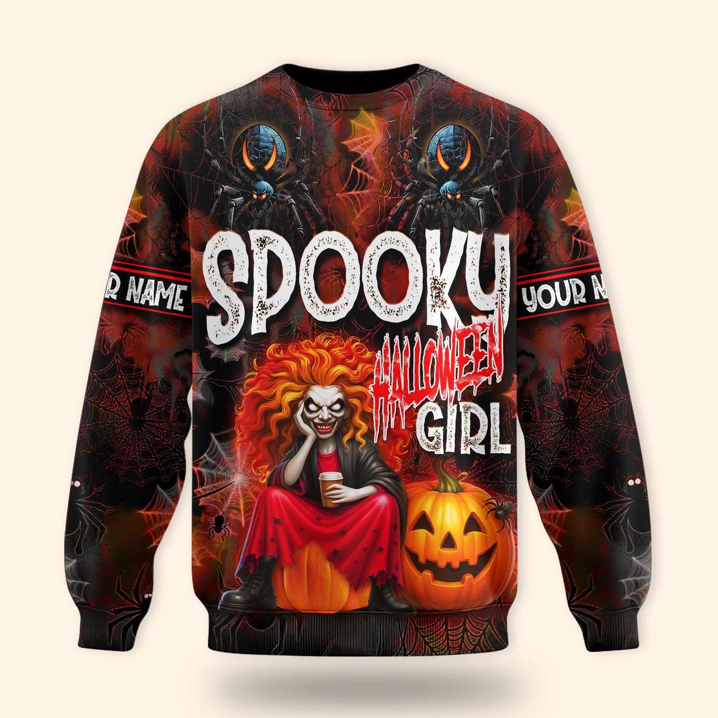 Spooky Halloween Girl Hoodie – Personalized Name Creepy Zip Up Jacket, Custom Choo