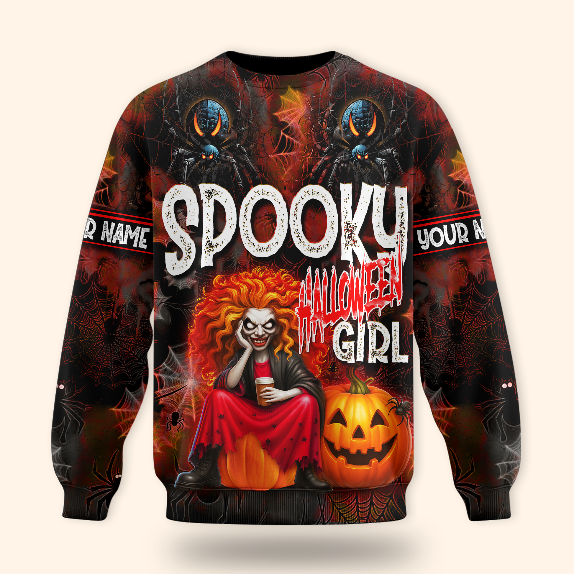 Spooky Halloween Girl Hoodie – Personalized Name Creepy Zip Up Jacket, Custom Choo
