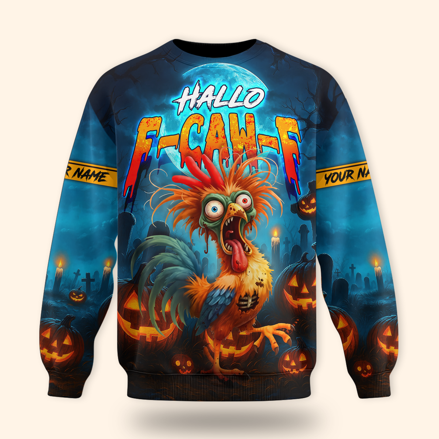 Funny Chicken Halloween Hoodie – Hallo F-Caw-F Scared Rooster – Custom Name Zip Up Hoodie, Custom Choo