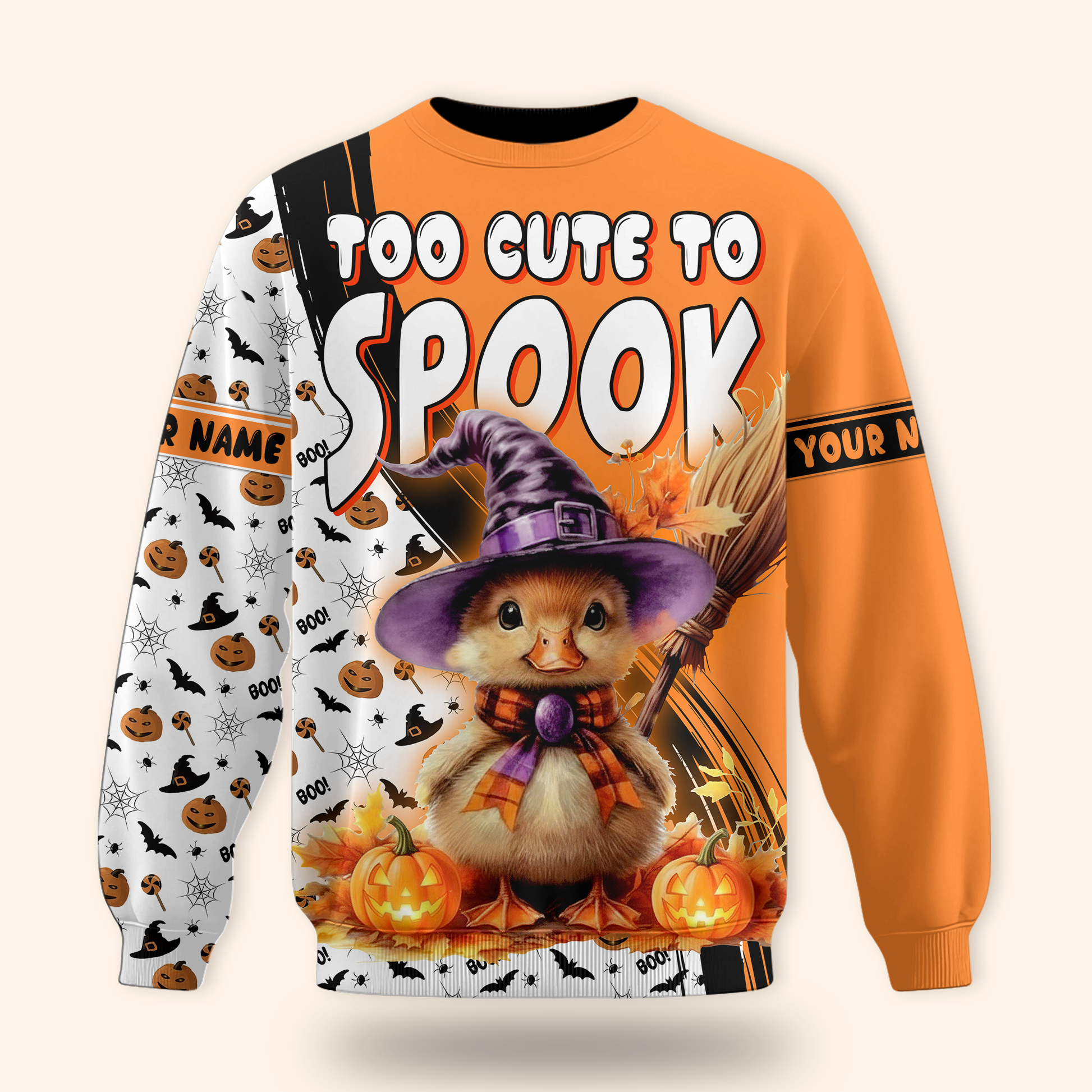 Too Cute To Spook Halloween Hoodie – Personalized Name Pumpkin Witch Cat Jacket, Custom Choo