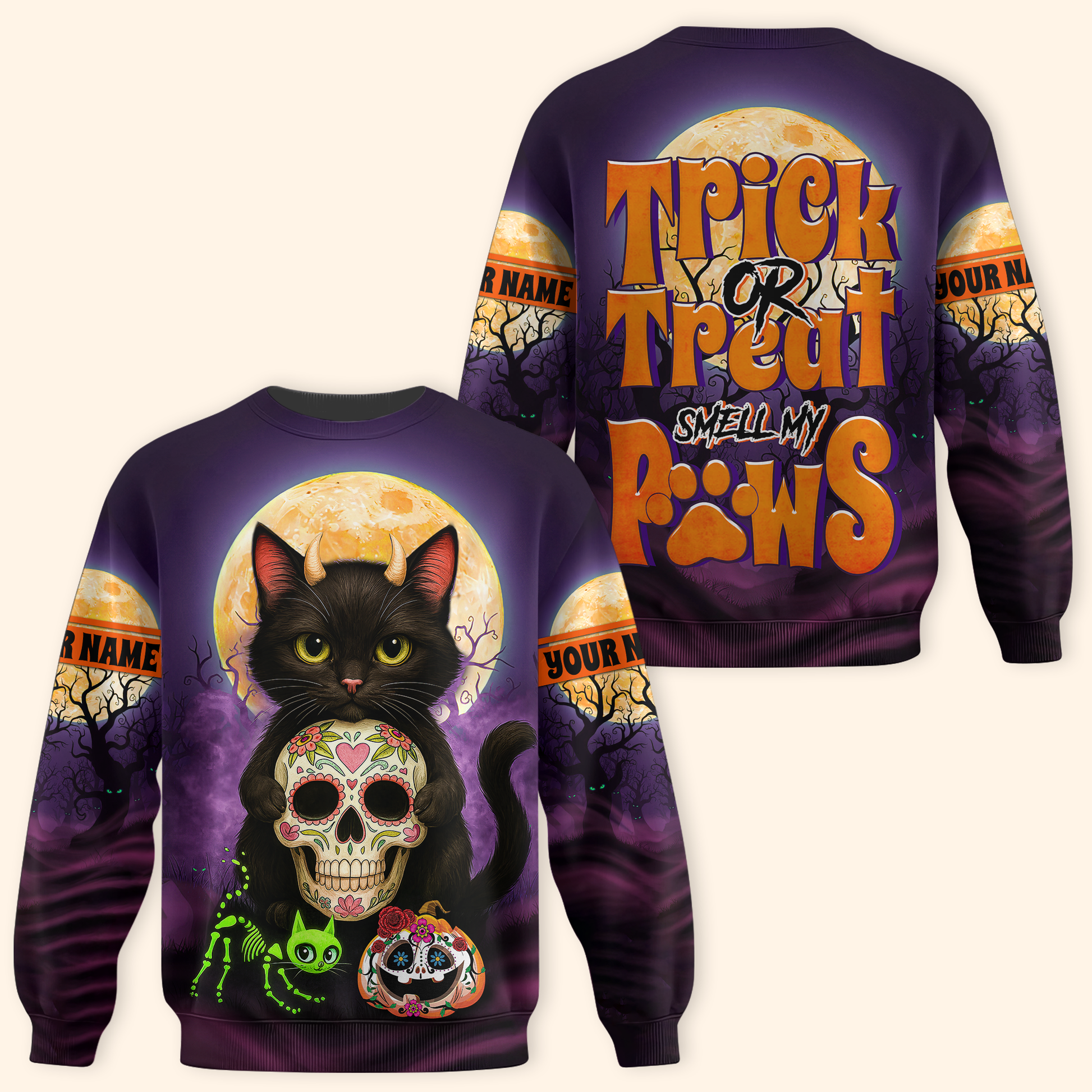 Trick or Treat Smell My Paws Hoodie – Halloween Black Cat & Sugar Skull, Custom Name Zip Up, Custom Choo