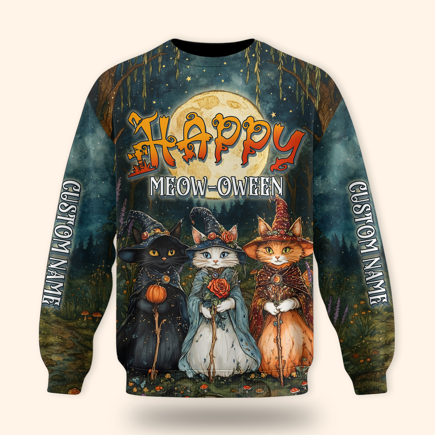 Happy Meow-Oween Hoodie – Halloween Cat Witch 3D Zip Up – Custom Name Hoodie, Custom Choo