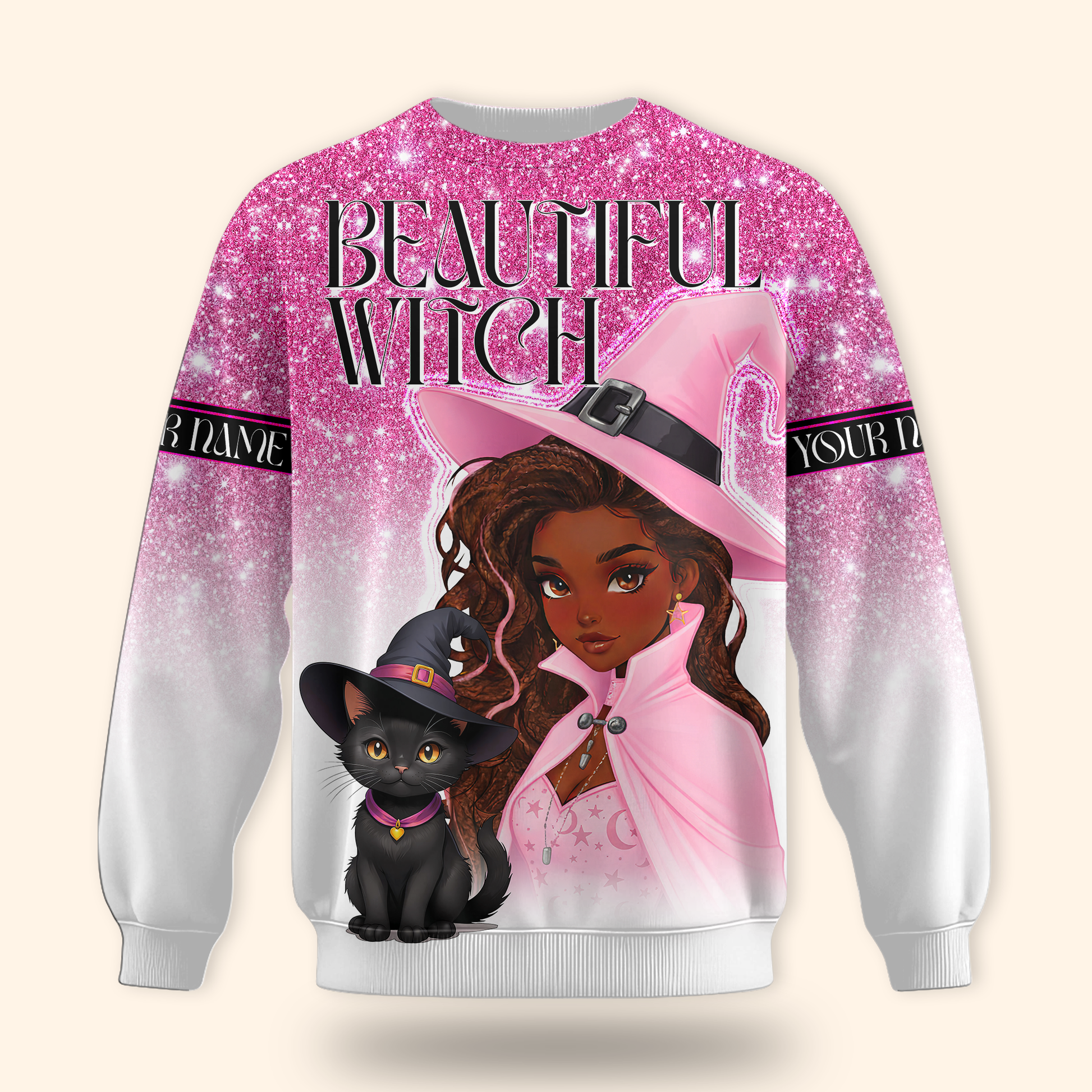 Personalized Beautiful Witch Hoodie – Pink Witch and Black Cat Halloween Zip Up, Custom Choo
