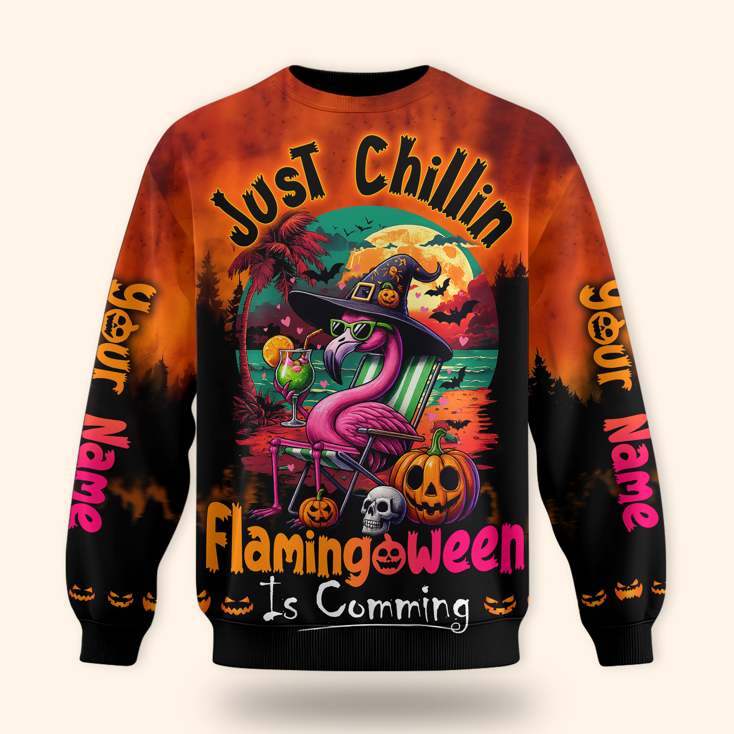 Personalized Flamingo Halloween Hoodie – Just Chillin Flamingoween Zip Up, Custom Choo
