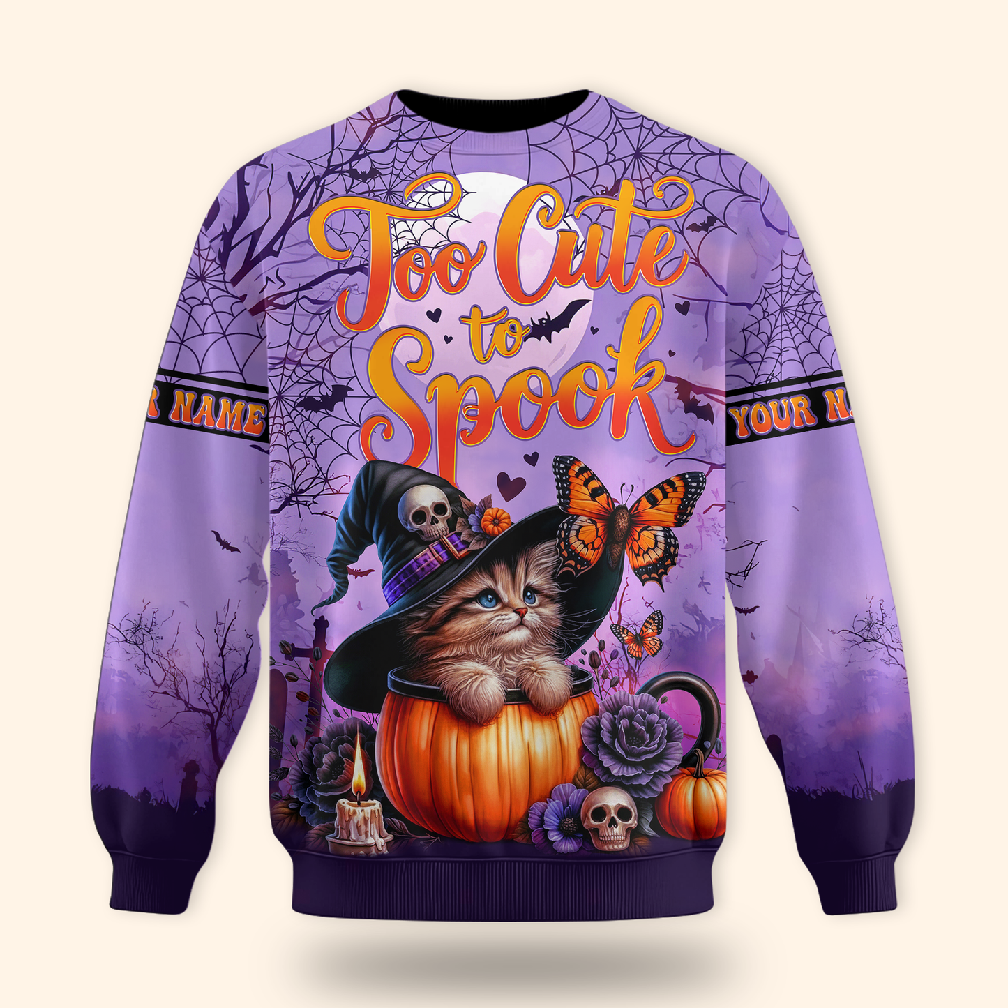 Too Cute To Spook Halloween Cat Hoodie – Personalized Name Zip Up Jacket, Custom Choo