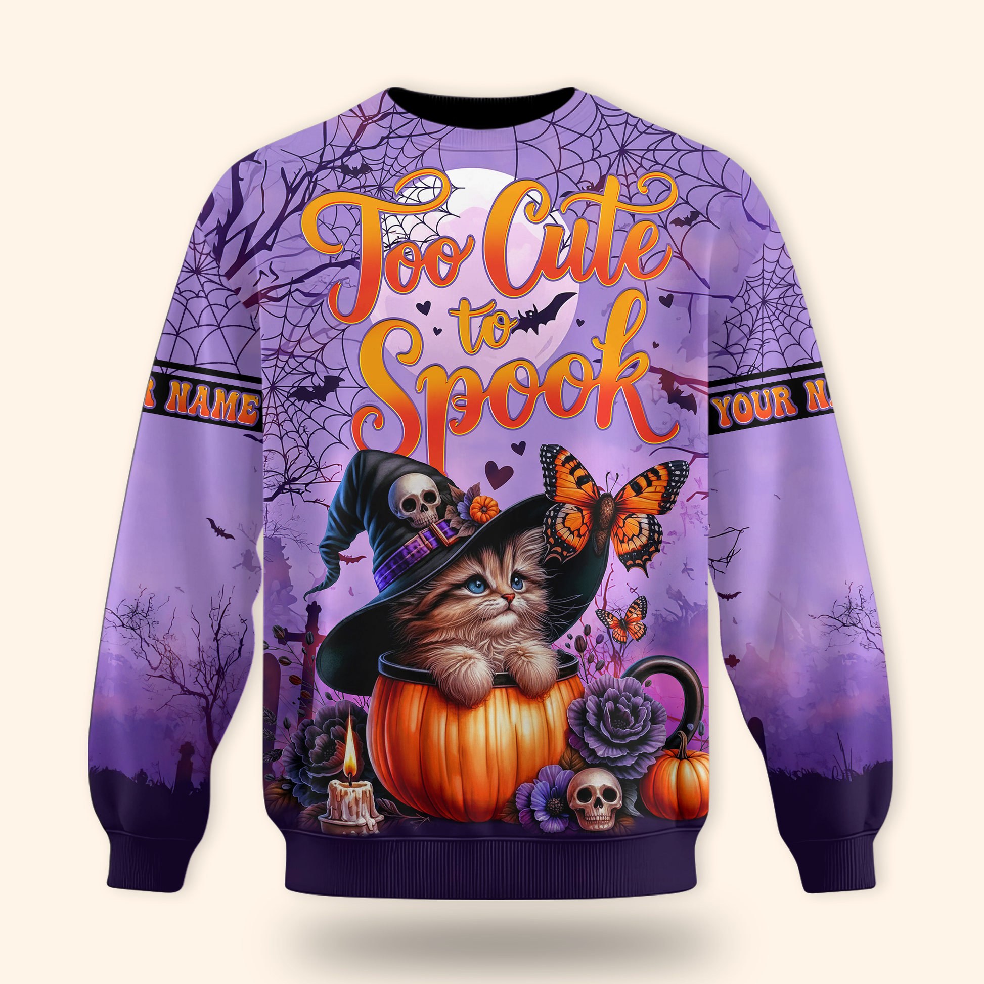 Too Cute To Spook Halloween Cat Hoodie – Personalized Name Zip Up Jacket, Custom Choo