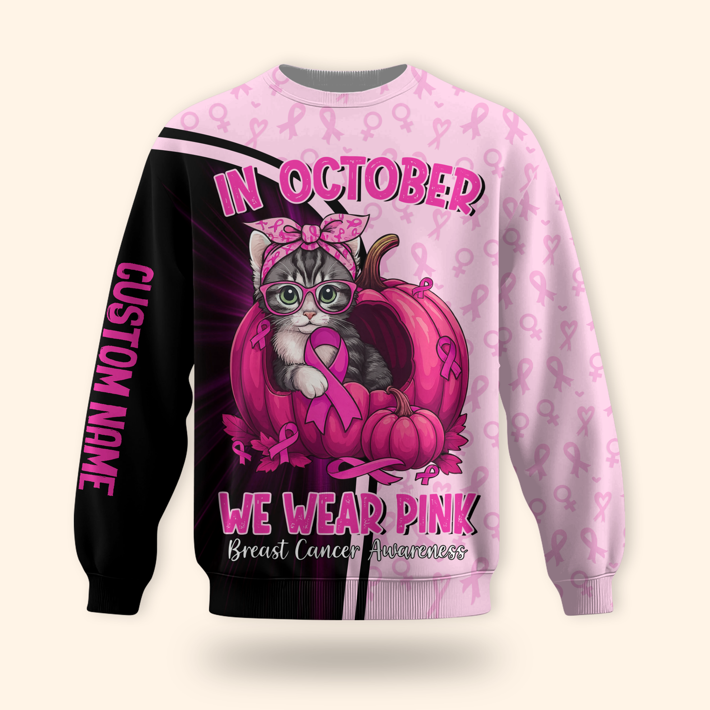 Personalized "In October We Wear Pink" Cat Pumpkin Breast Cancer Awareness, Custom Choo