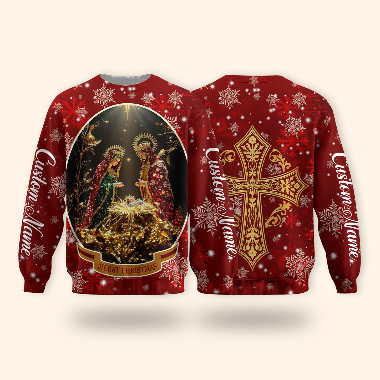 Christian Christmas Hoodie – Nativity Scene and Gold Cross Design, Personalized Faith Gift