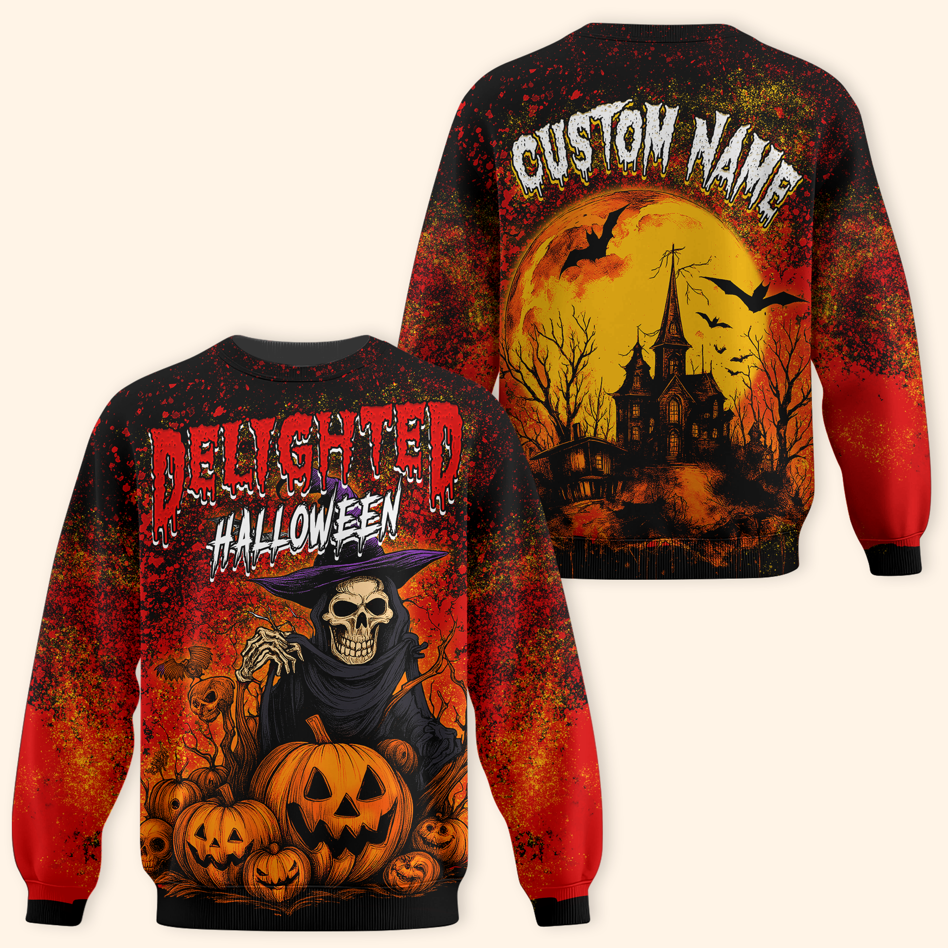 Delighted Halloween Hoodie – Grim Reaper Skeleton with Pumpkins – Custom Name Zip Up, Custom Choo