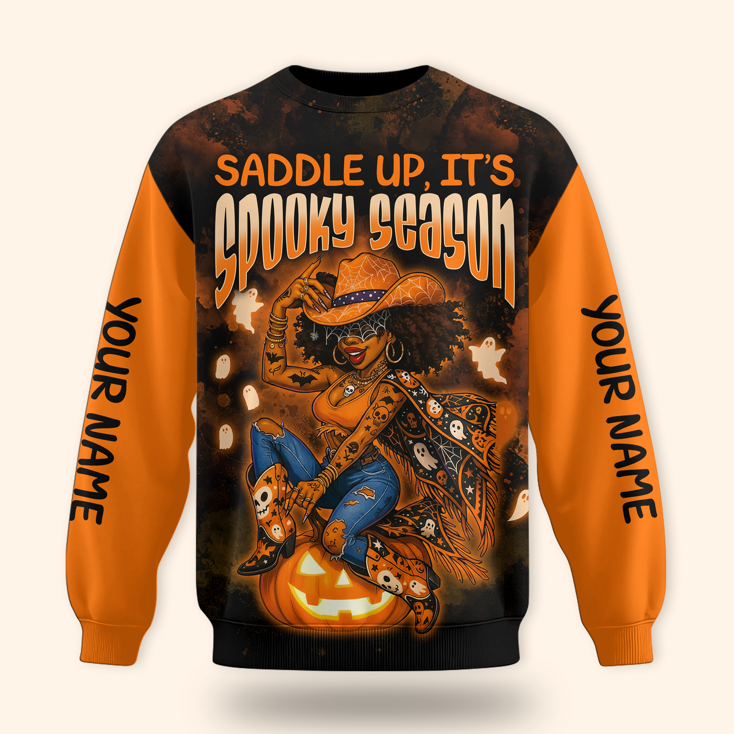 Personalized Spooky Season Hoodie – Cowboy Riding Pumpkin Halloween Jacket, Custom Choo