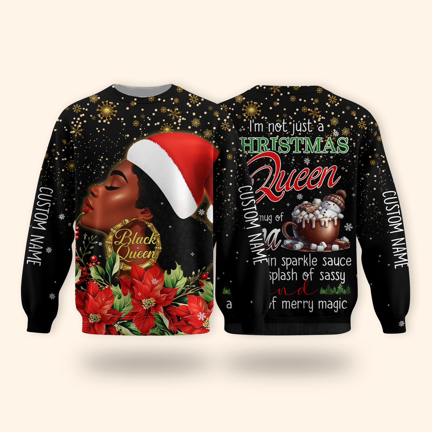 Christmas Queen Hoodie – Black Queen Holiday Zip Up, Sassy Cocoa Quote Hoodie, Custom Name Christmas Gift for Her