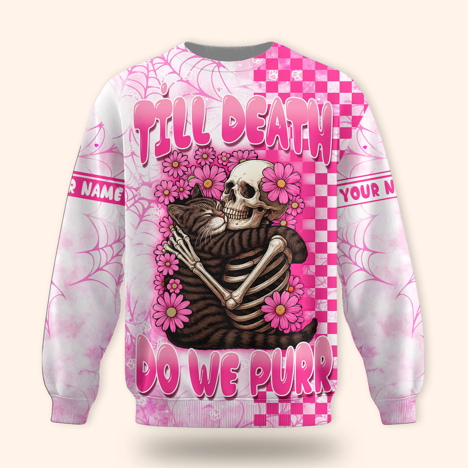 Personalized Cat Skeleton Hoodie – Till Death Do We Purr Pink Gothic Zip Up, Custom Choo