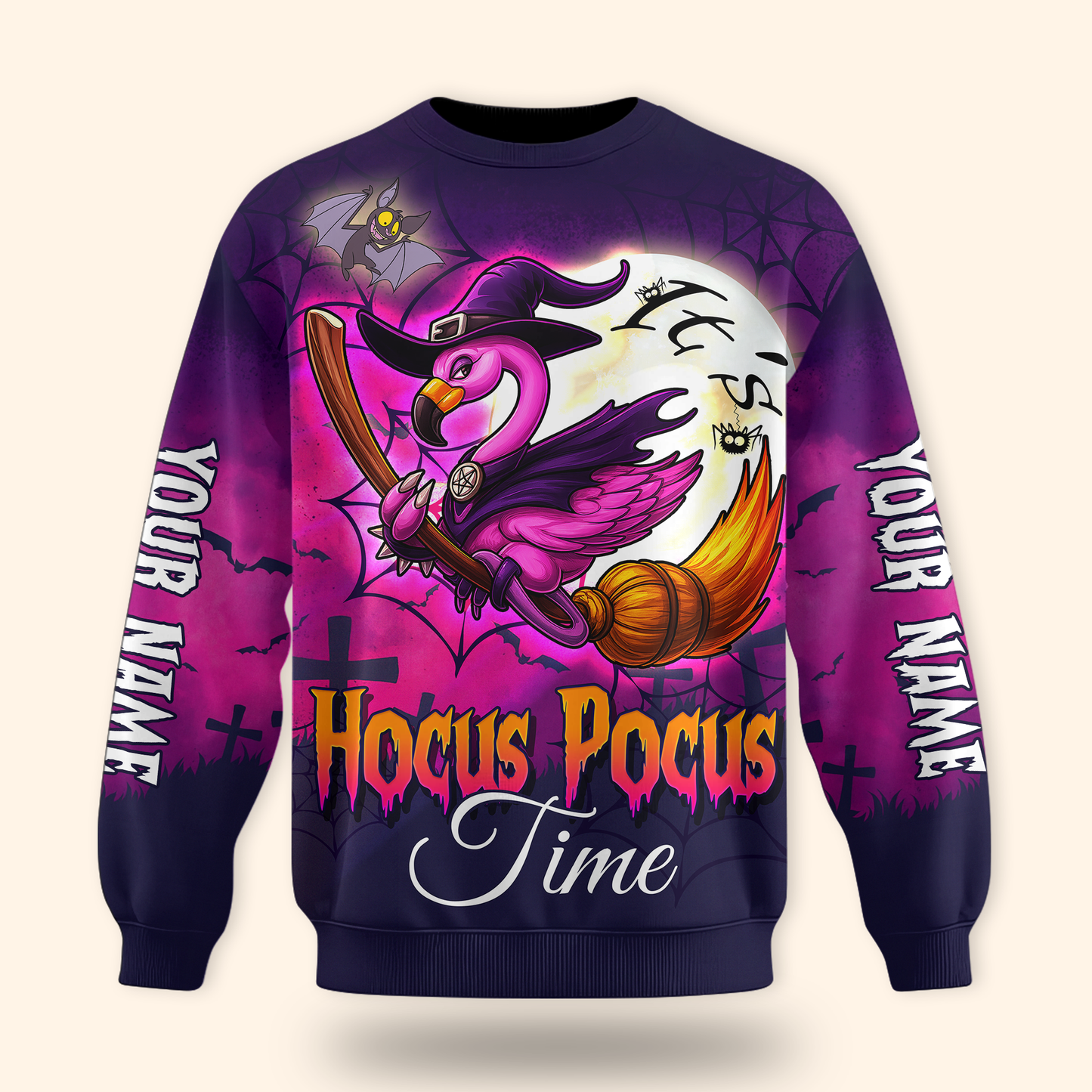 Personalized Hocus Pocus Hoodie – Flamingo Witch on Broom Halloween Zip Up, Custom Choo