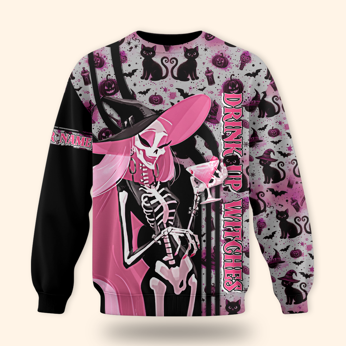 Personalized Halloween Hoodie – Drink Up Witches Pink Black Gothic Jacket, Custom Choo