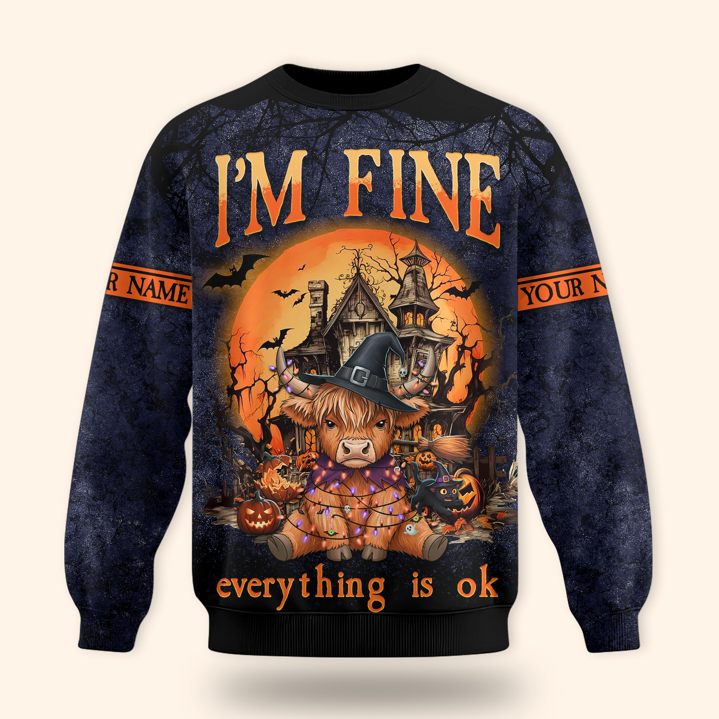 Personalized Halloween Cow Hoodie – "I’m Fine Everything Is Ok" Zip Up, Custom Name Gift, Custom Choo