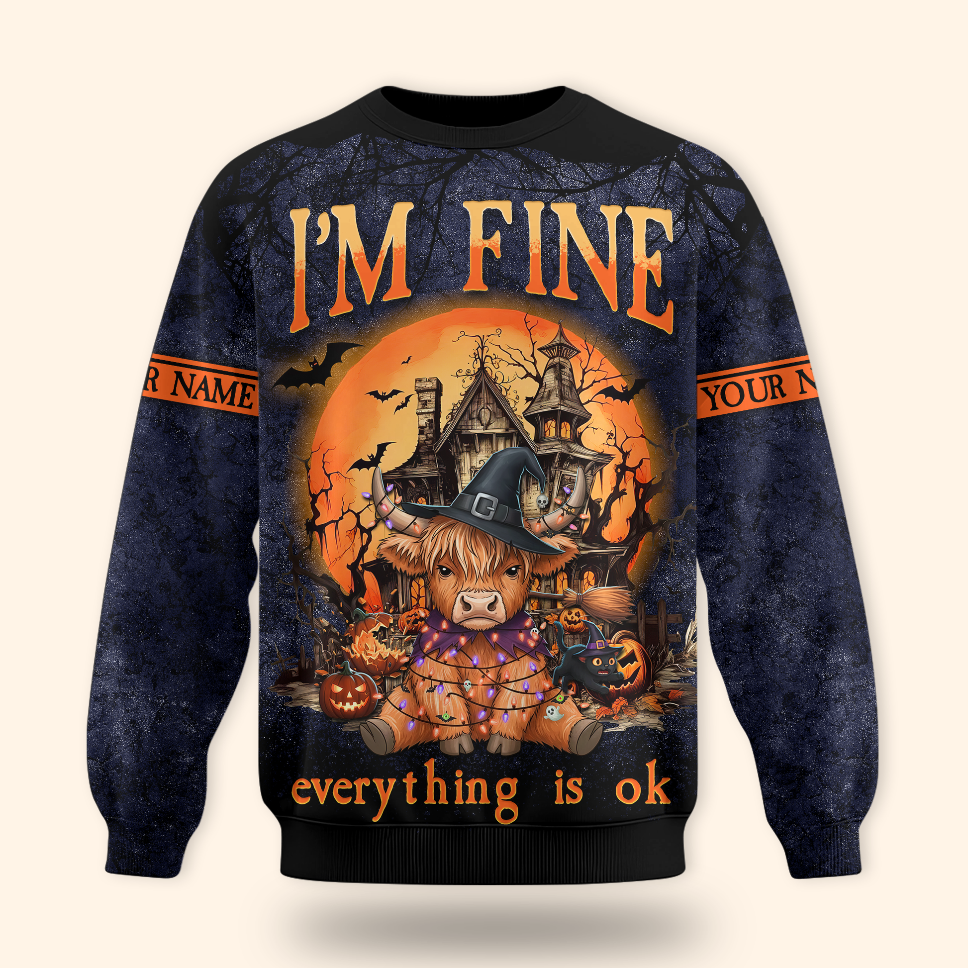 Personalized Halloween Cow Hoodie – "I’m Fine Everything Is Ok" Zip Up, Custom Name Gift, Custom Choo