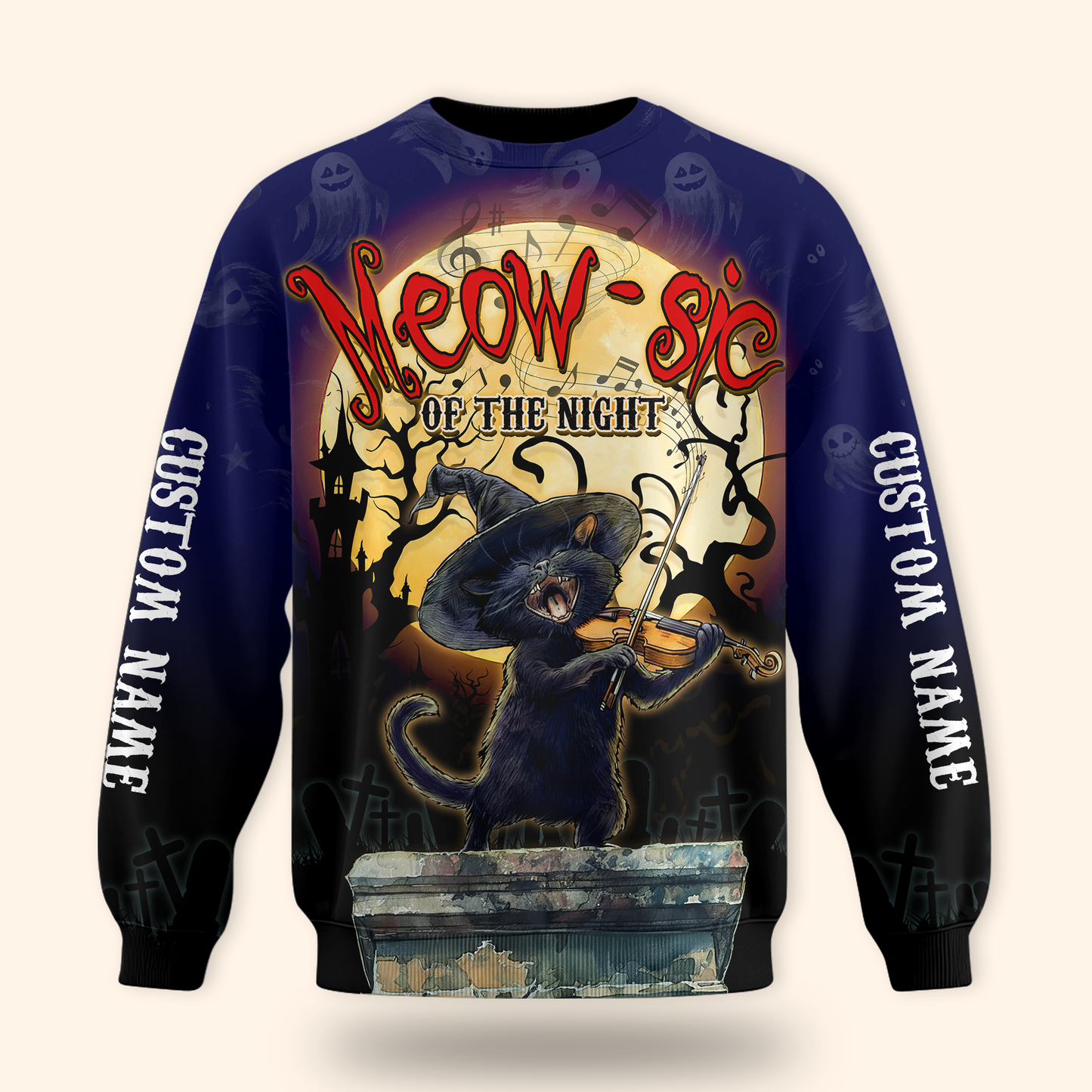 Personalized Halloween Cat Hoodie – Meow-sic of the Night Custom Name Zip Up, Custom Choo