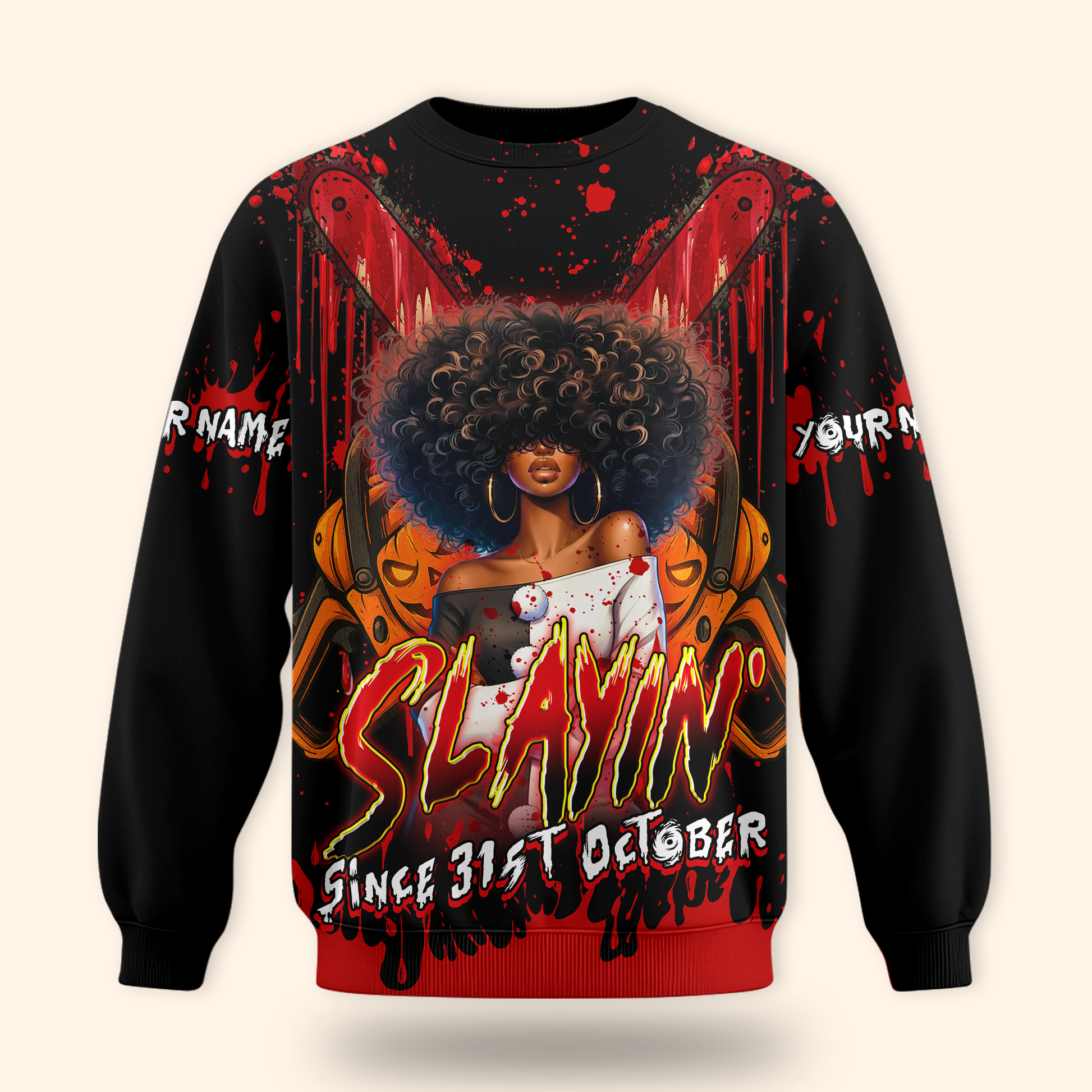 Slayin’ Since 31st October Hoodie – Custom Name Halloween Horror Afro Girl Jacket, Custom Choo