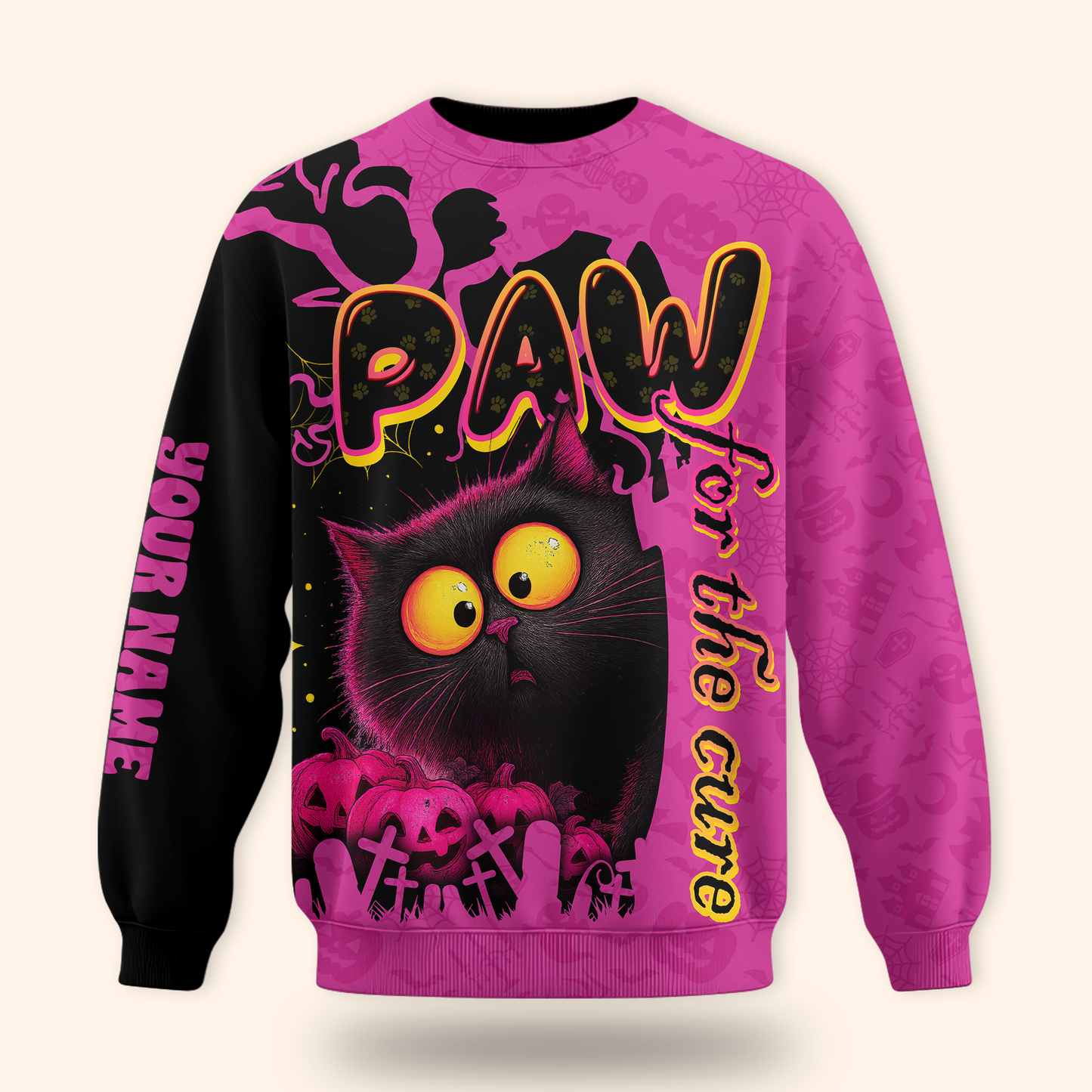 Personalized Cat Hoodie – Paw for the Cure Black Cat Pink Halloween Zip Up, Custom Choo