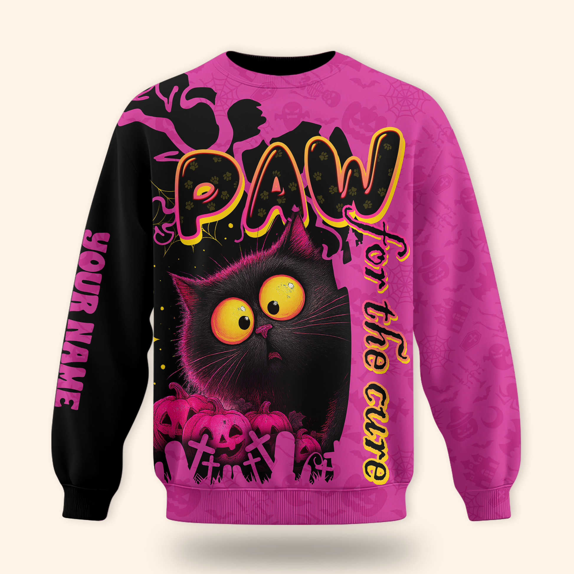 Personalized Cat Hoodie – Paw for the Cure Black Cat Pink Halloween Zip Up, Custom Choo