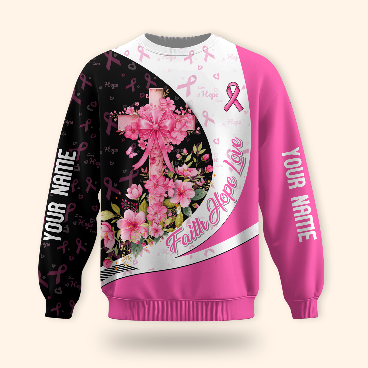 Personalized Breast Cancer Awareness "Faith Hope Love" Floral Cross Shirt