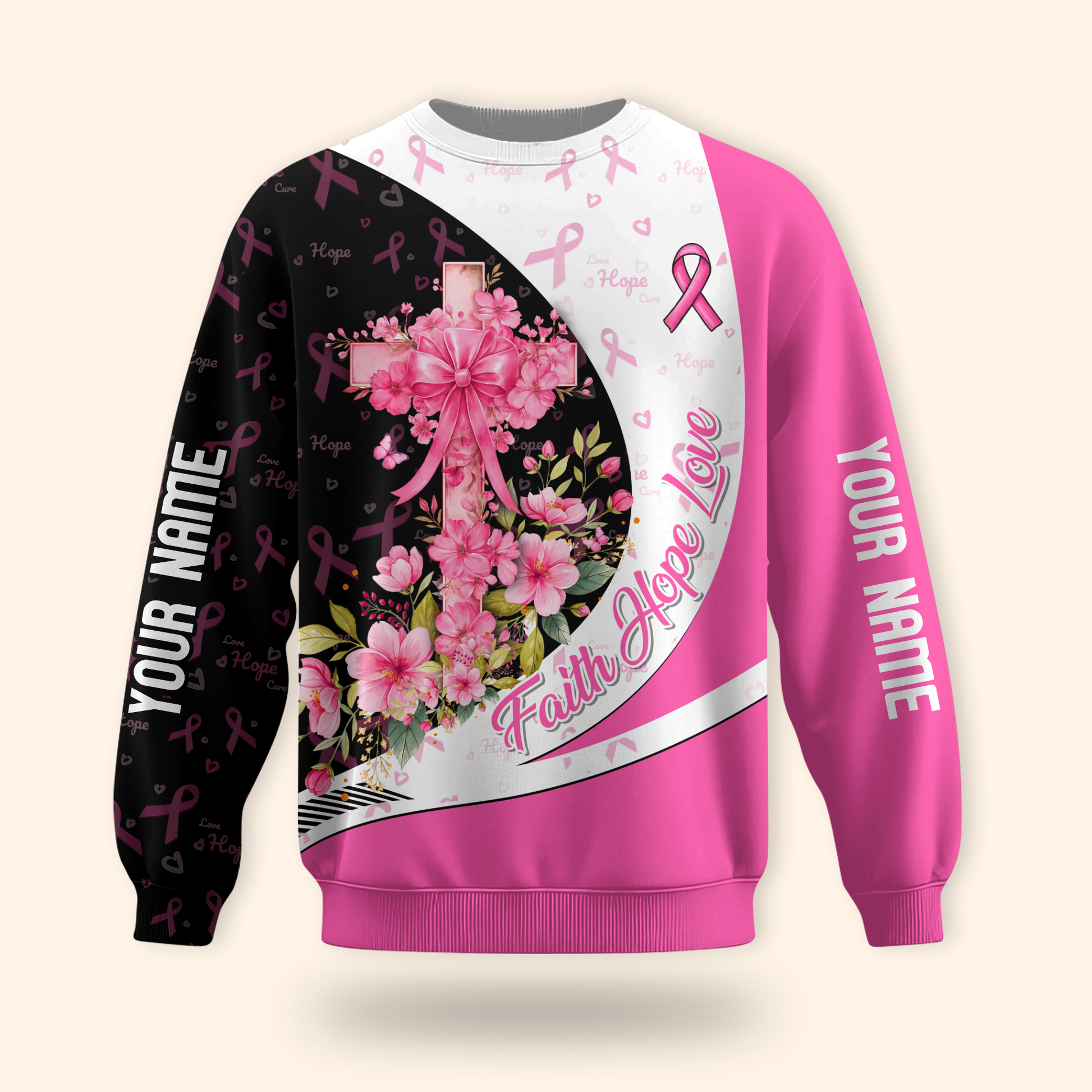 Personalized Breast Cancer Awareness "Faith Hope Love" Floral Cross Shirt, Custom Choo