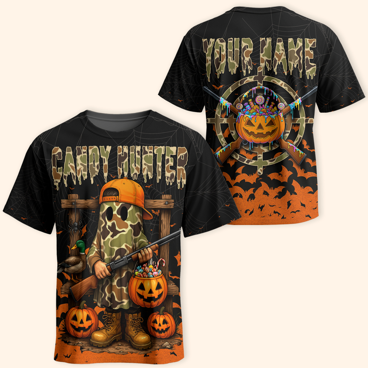 Candy Hunter Halloween Hoodie – Funny Ghost Hunter with Pumpkins & Candy, Custom Name, Custom Choo