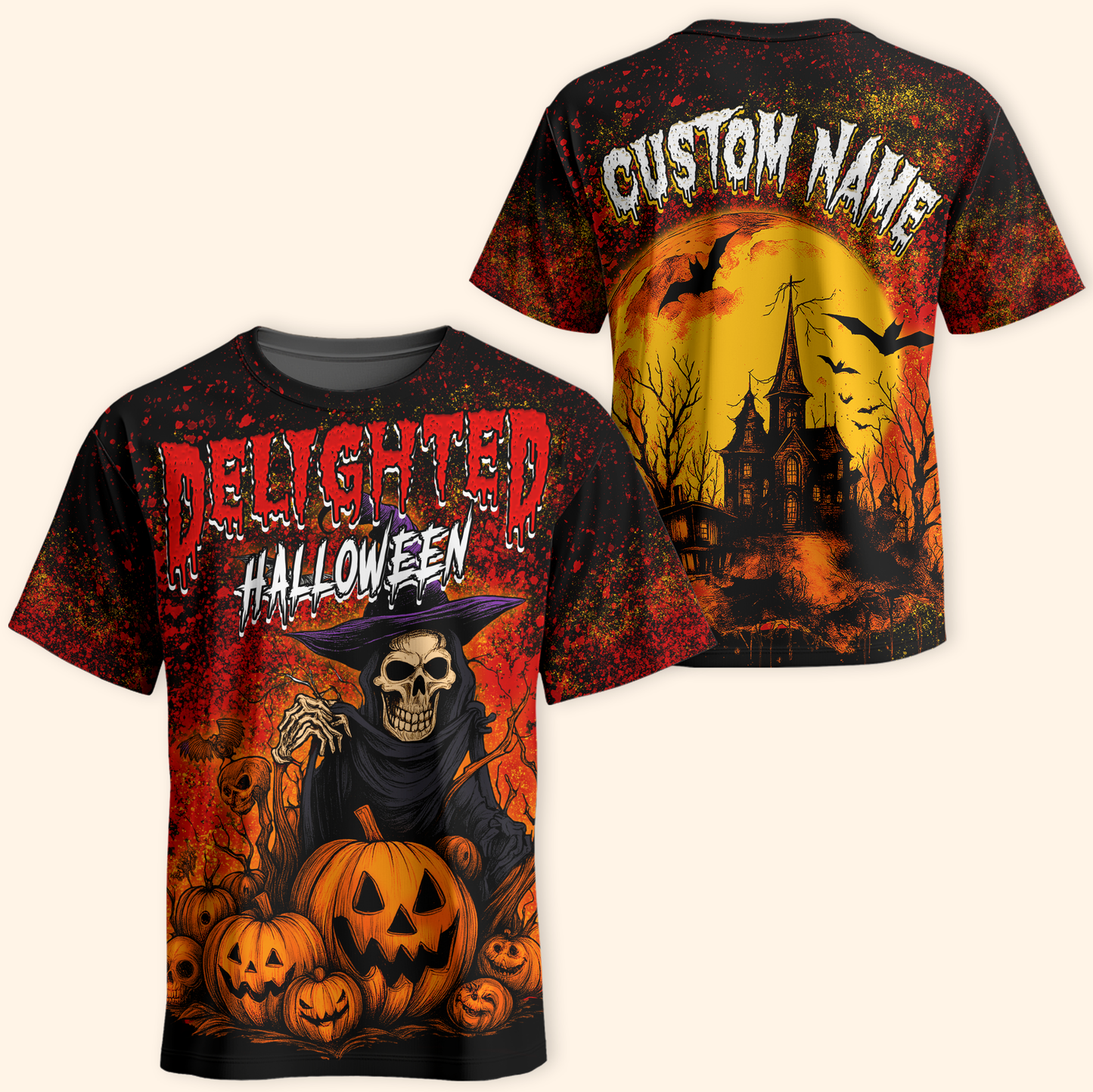 Delighted Halloween Hoodie – Grim Reaper Skeleton with Pumpkins – Custom Name Zip Up, Custom Choo