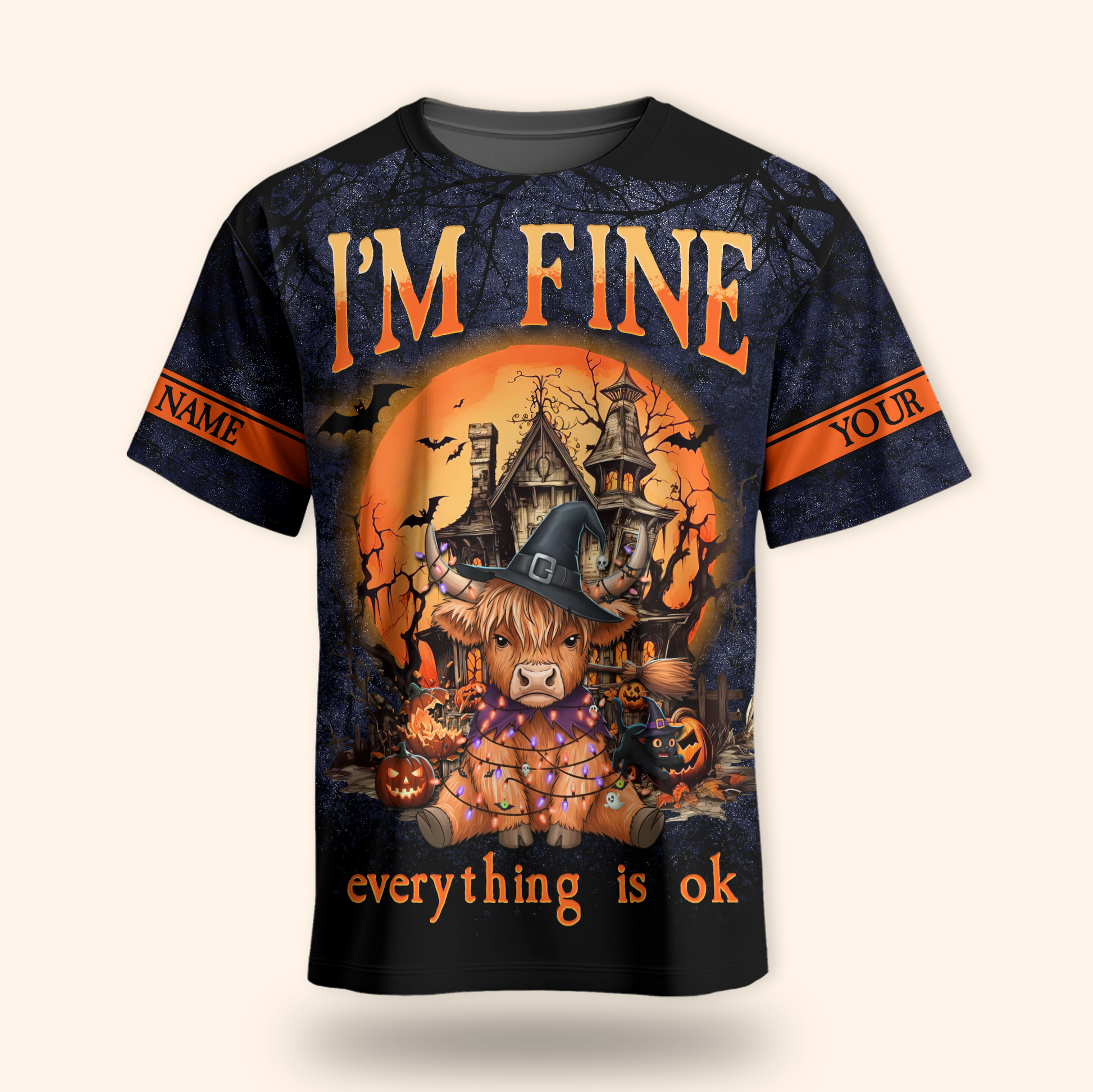 Personalized Halloween Cow Hoodie – "I’m Fine Everything Is Ok" Zip Up, Custom Name Gift, Custom Choo