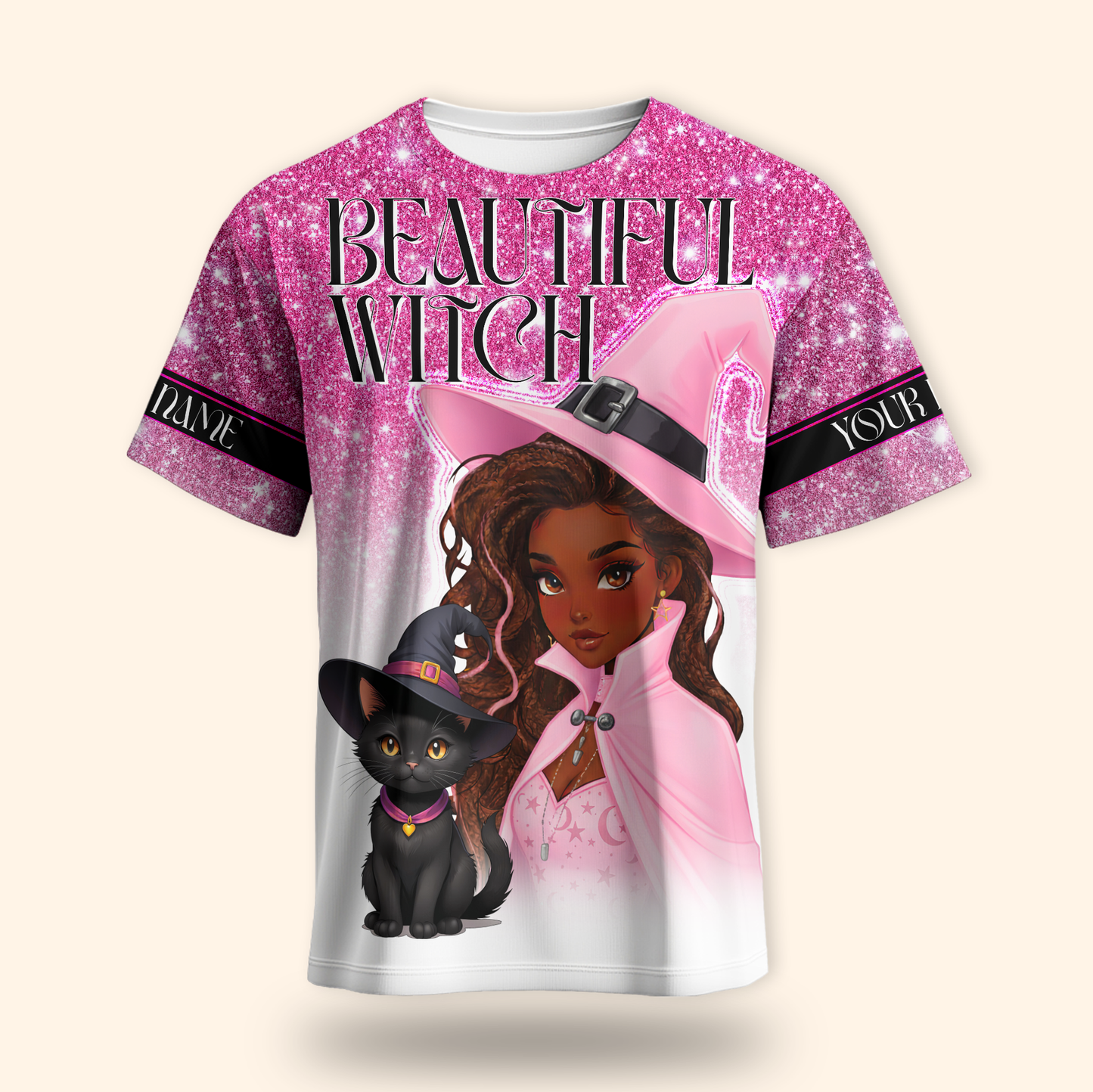 Personalized Beautiful Witch Hoodie – Pink Witch and Black Cat Halloween Zip Up, Custom Choo
