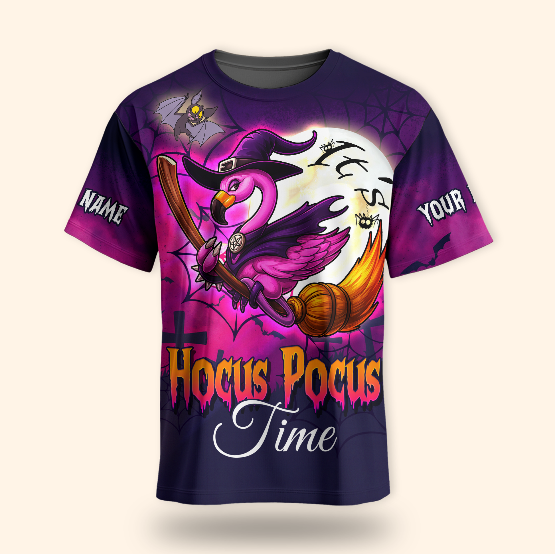 Personalized Hocus Pocus Hoodie – Flamingo Witch on Broom Halloween Zip Up, Custom Choo