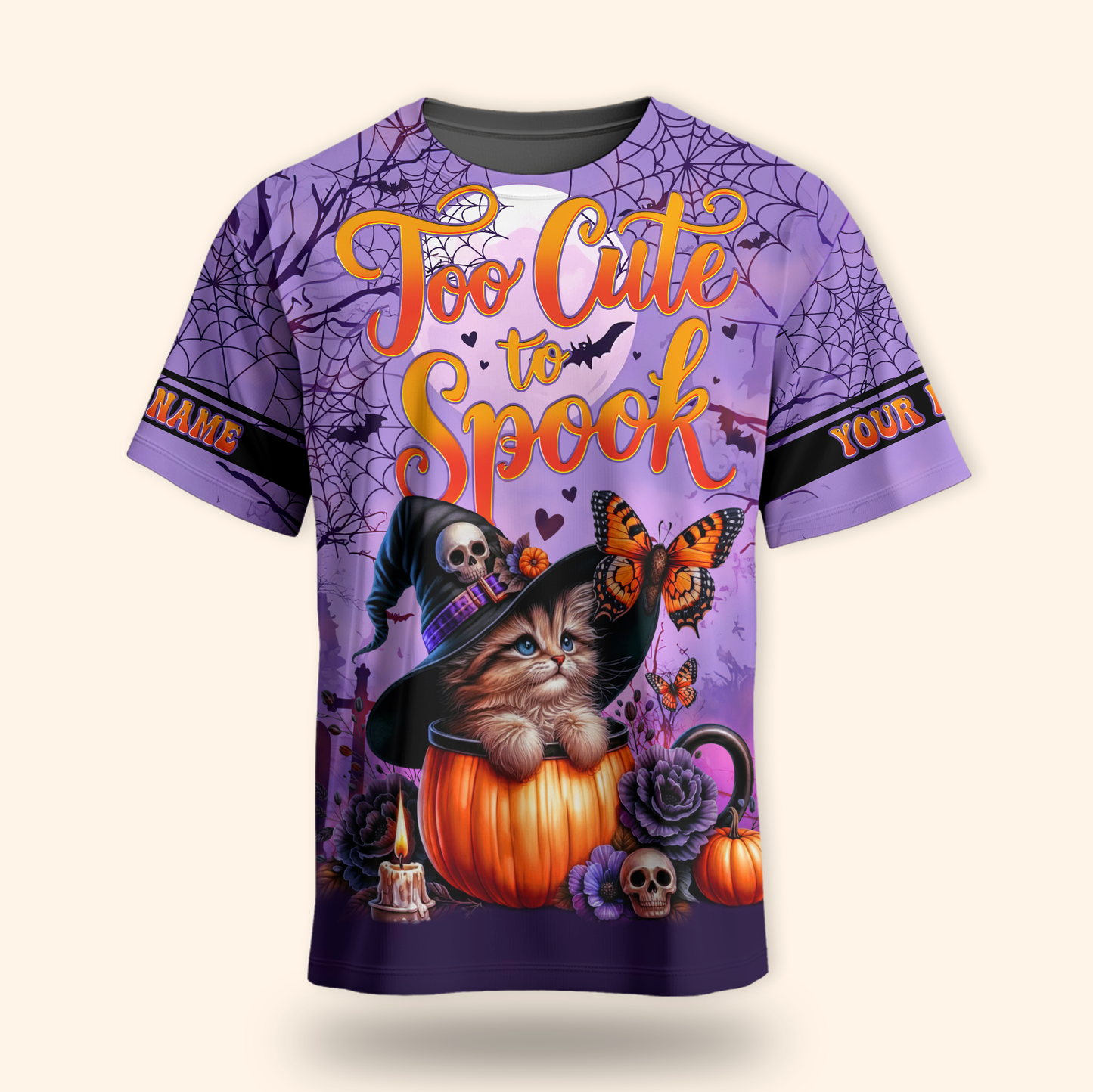 Too Cute To Spook Halloween Cat Hoodie – Personalized Name Zip Up Jacket, Custom Choo