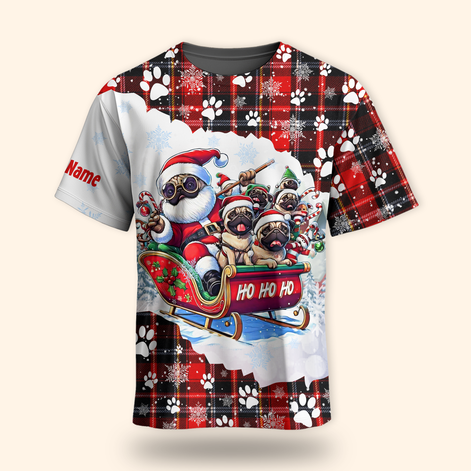Christmas Pug Hoodie – Santa Sleigh Ride Plaid Hoodie – Custom Name Dog Lovers Gift, Custom Choo