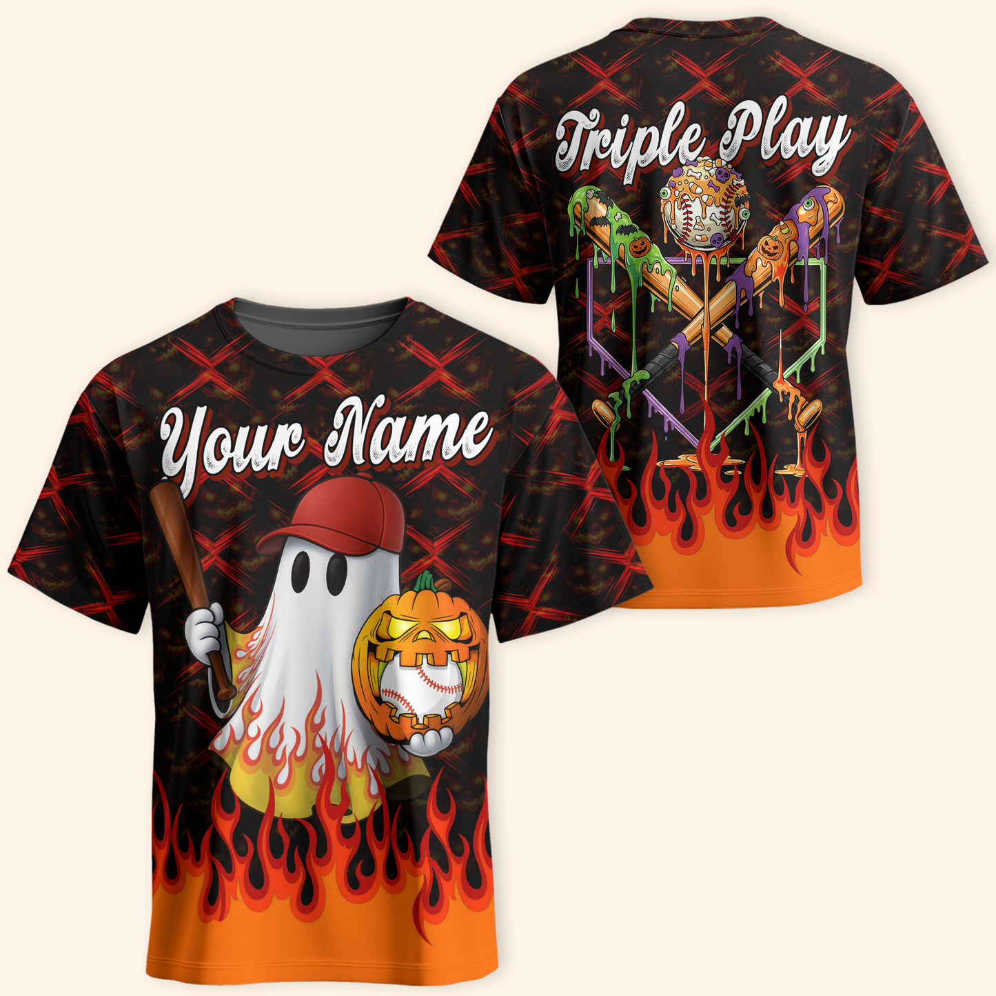 Personalized Baseball Halloween Hoodie – Ghost with Pumpkin & Bat, Custom Name Zip Up, Custom Choo