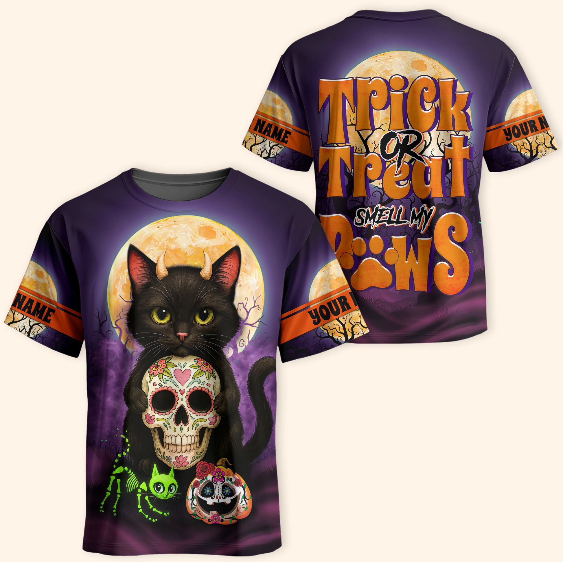 Trick or Treat Smell My Paws Hoodie – Halloween Black Cat & Sugar Skull, Custom Name Zip Up, Custom Choo