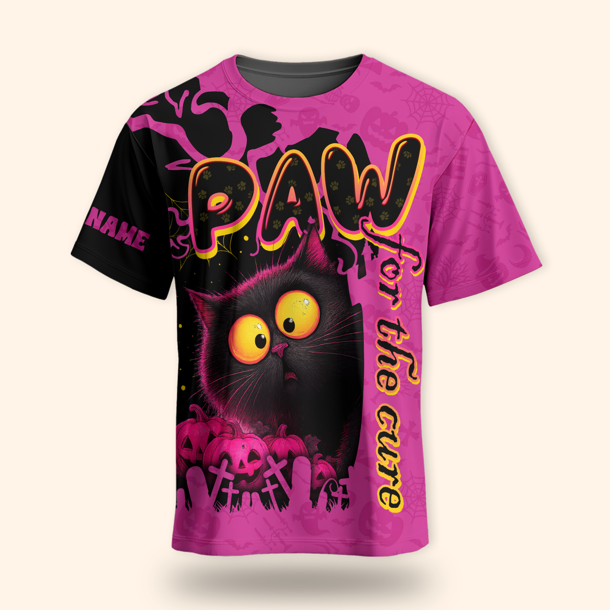 Personalized Cat Hoodie – Paw for the Cure Black Cat Pink Halloween Zip Up, Custom Choo