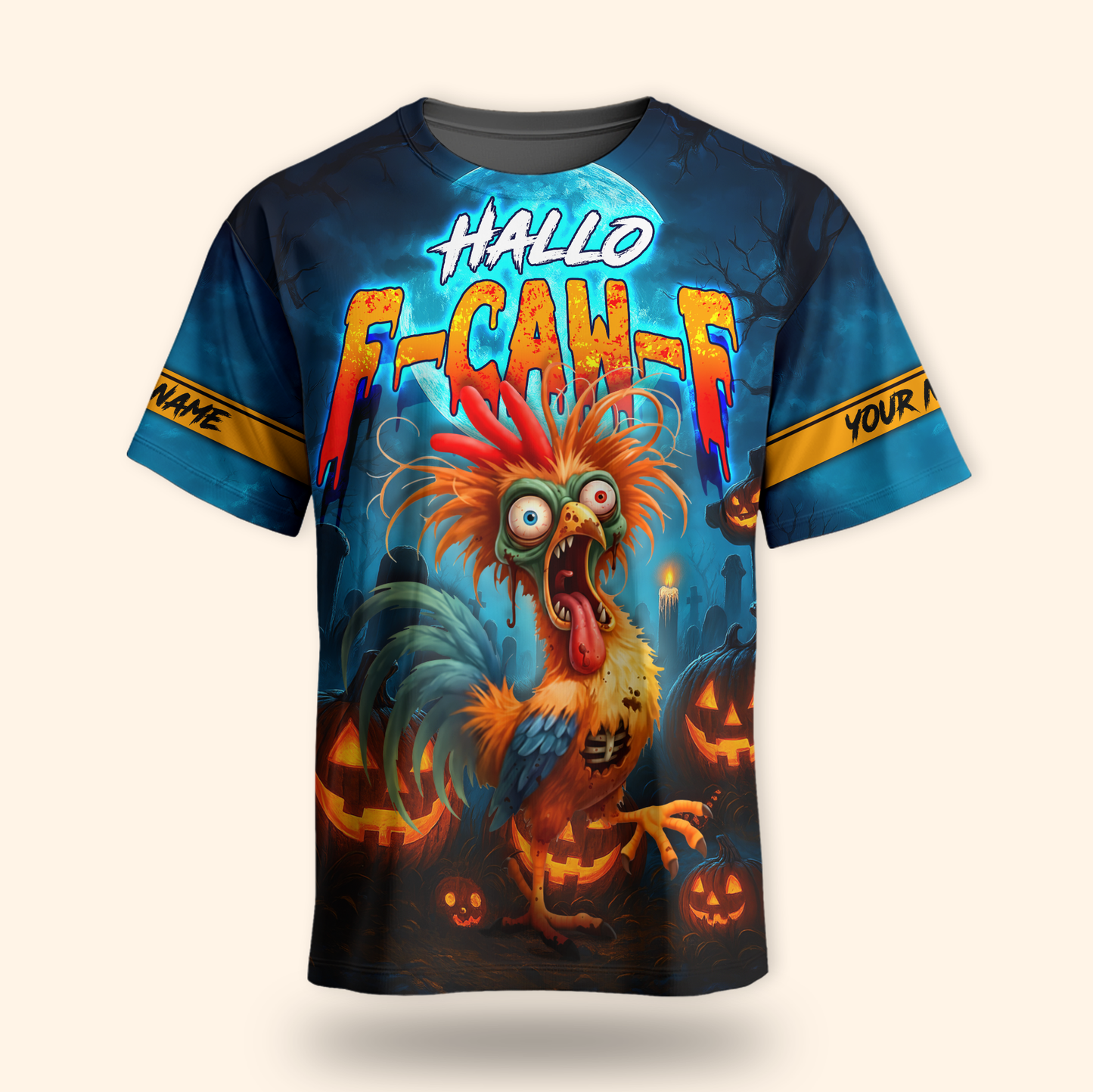 Funny Chicken Halloween Hoodie – Hallo F-Caw-F Scared Rooster – Custom Name Zip Up Hoodie, Custom Choo