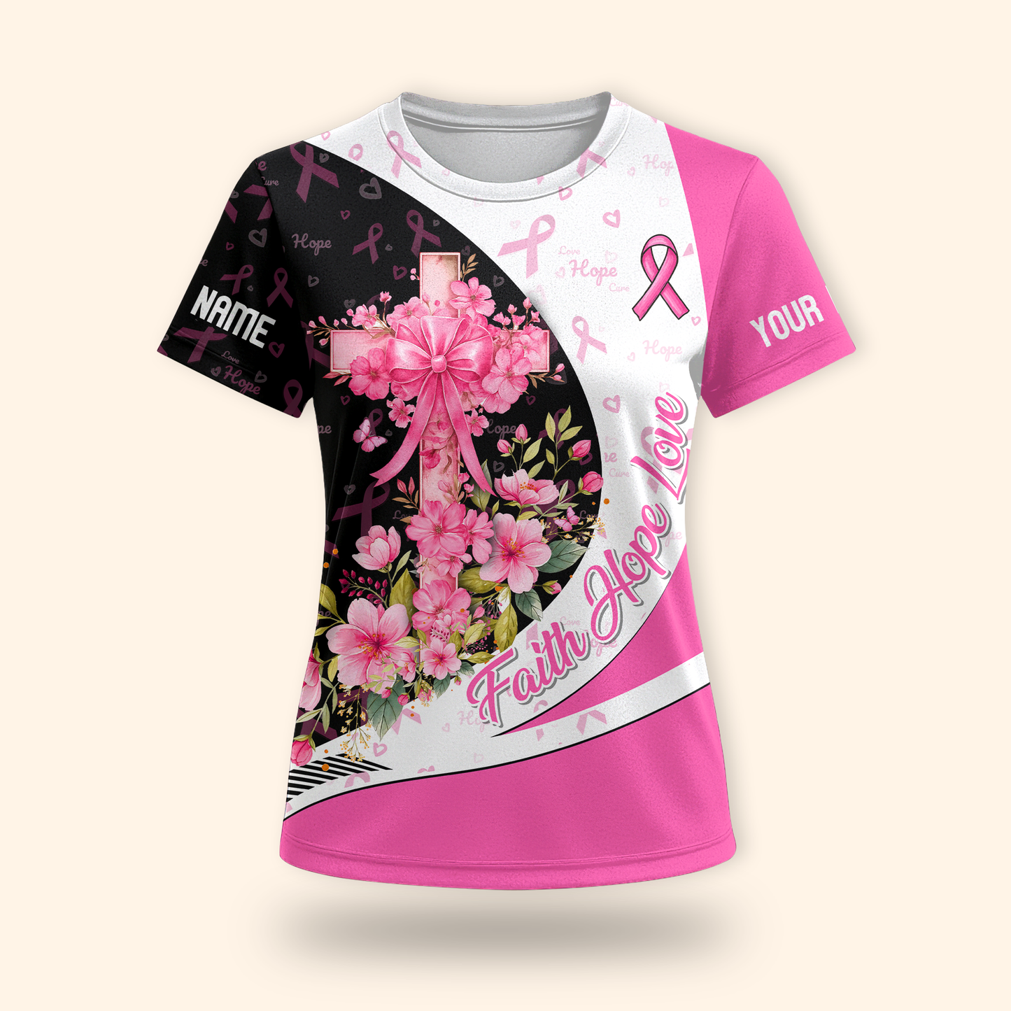 Personalized Breast Cancer Awareness "Faith Hope Love" Floral Cross Shirt