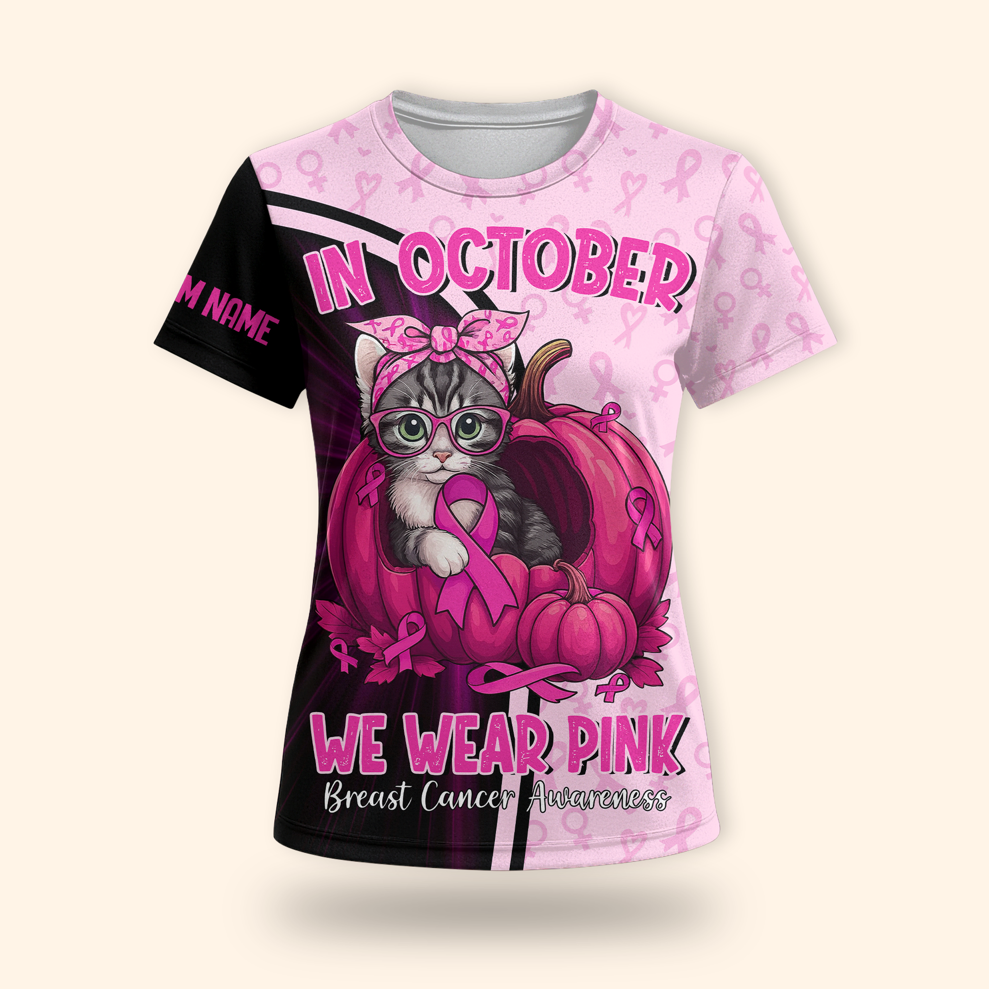 Personalized "In October We Wear Pink" Cat Pumpkin Breast Cancer Awareness, Custom Choo
