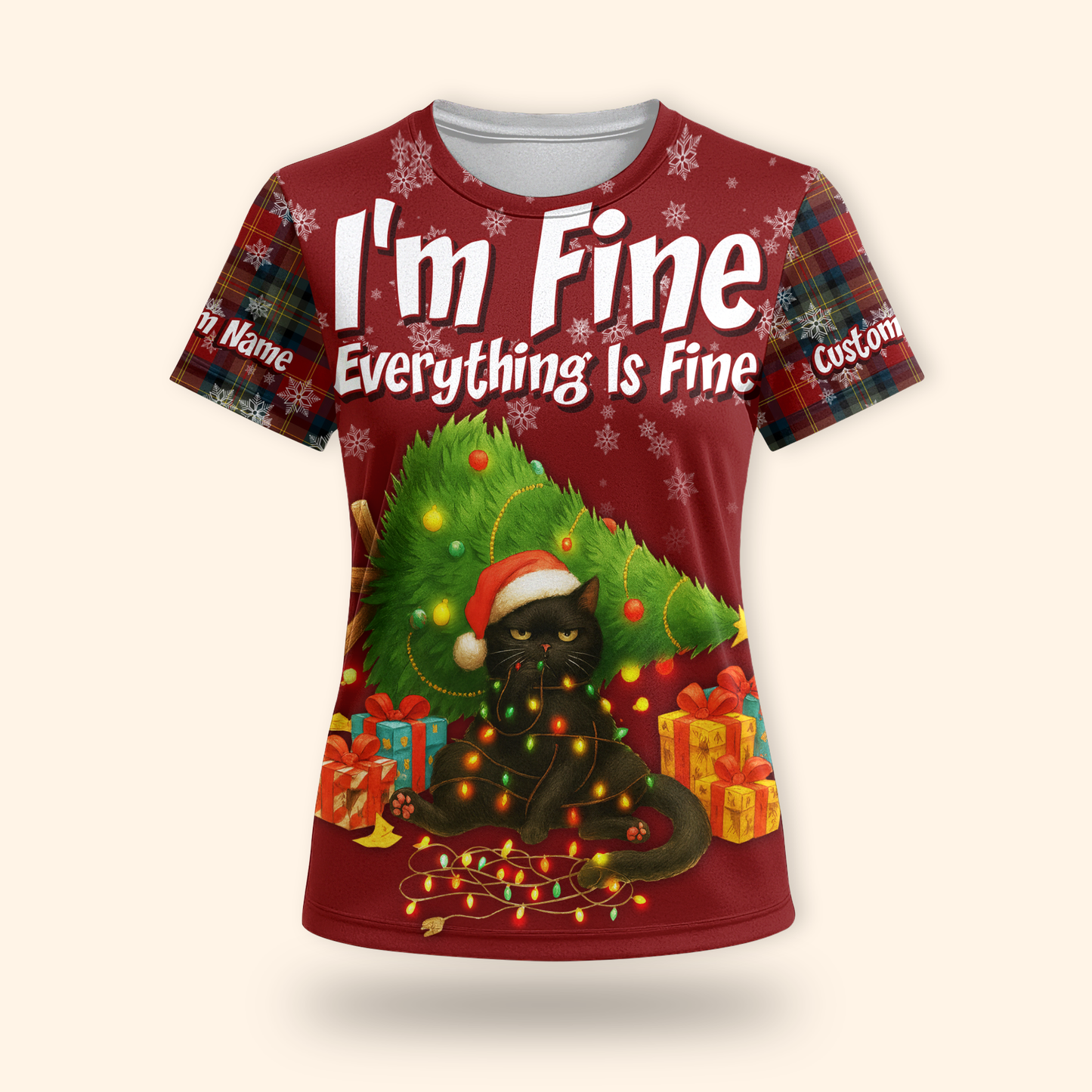Funny Christmas Cat Hoodie – I’m Fine Everything Is Fine, Personalized Name Holiday Sweatshirt