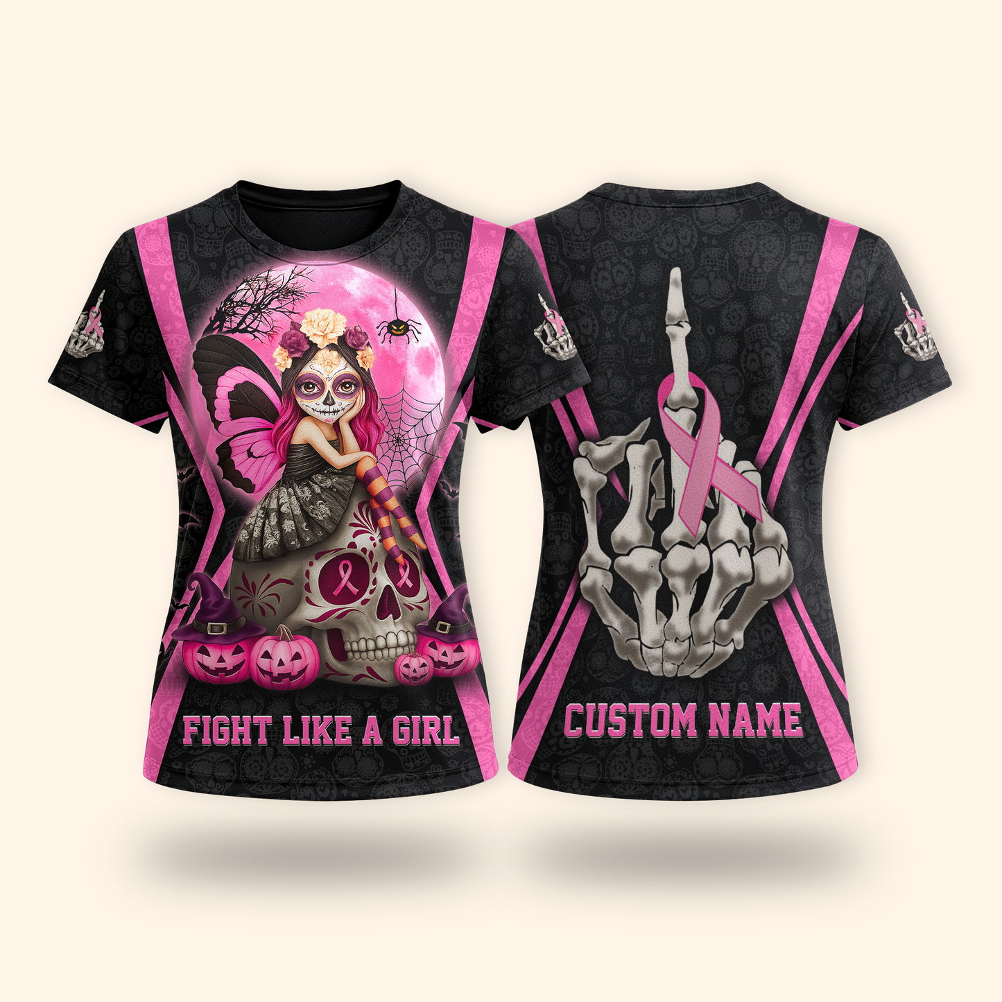 Personalized Sugar Skull Fight Like A Girl - Breast Cancer Awareness Shirt, Custom Choo