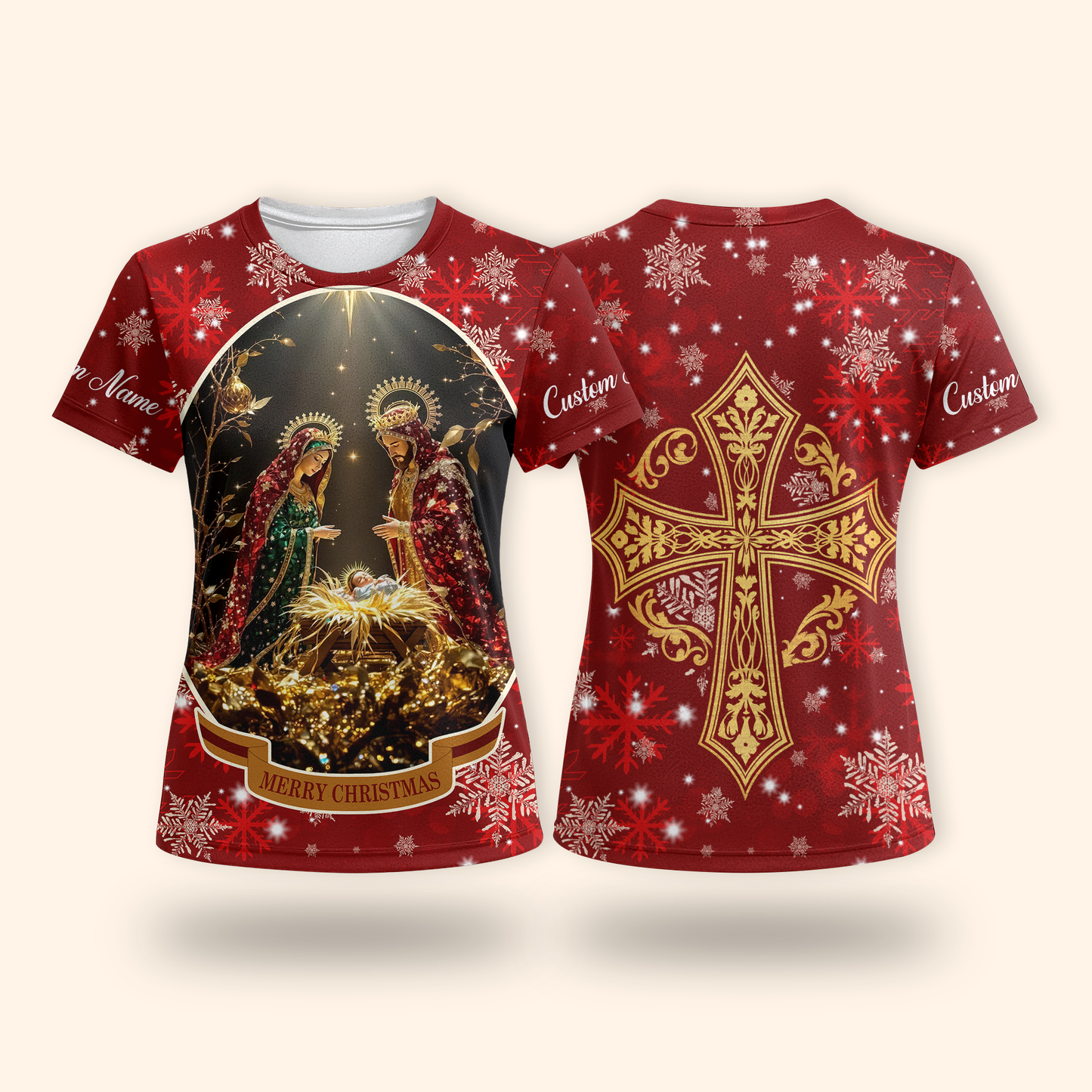 Christian Christmas Hoodie – Nativity Scene and Gold Cross Design, Personalized Faith Gift