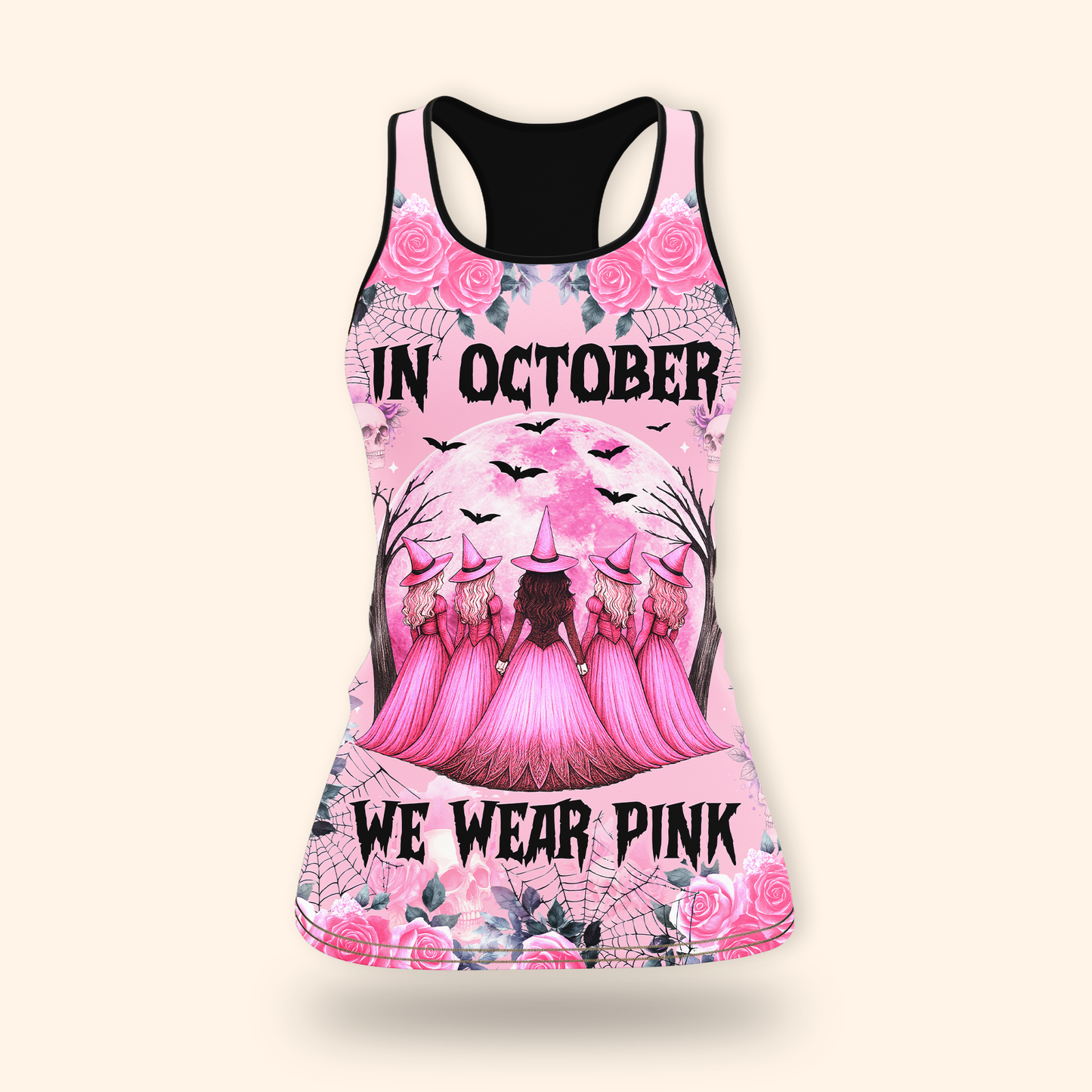"In October We Wear Pink" Witch Hollow Back Tank Top & Skull Rose, Custom Choo