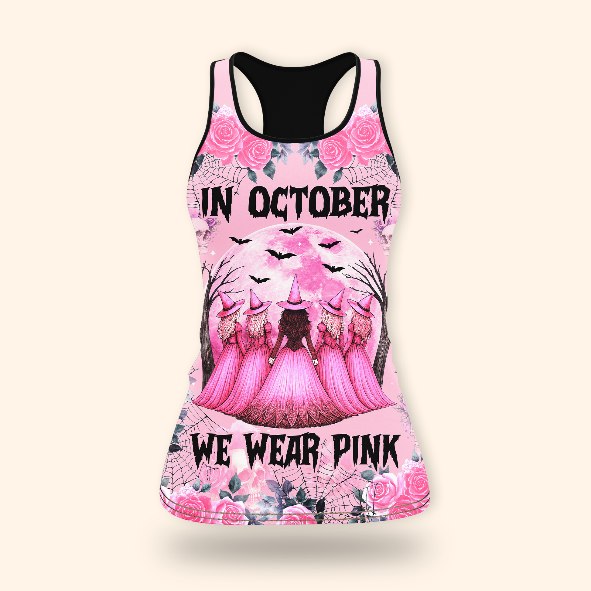 "In October We Wear Pink" Witch Hollow Back Tank Top & Skull Rose, Custom Choo